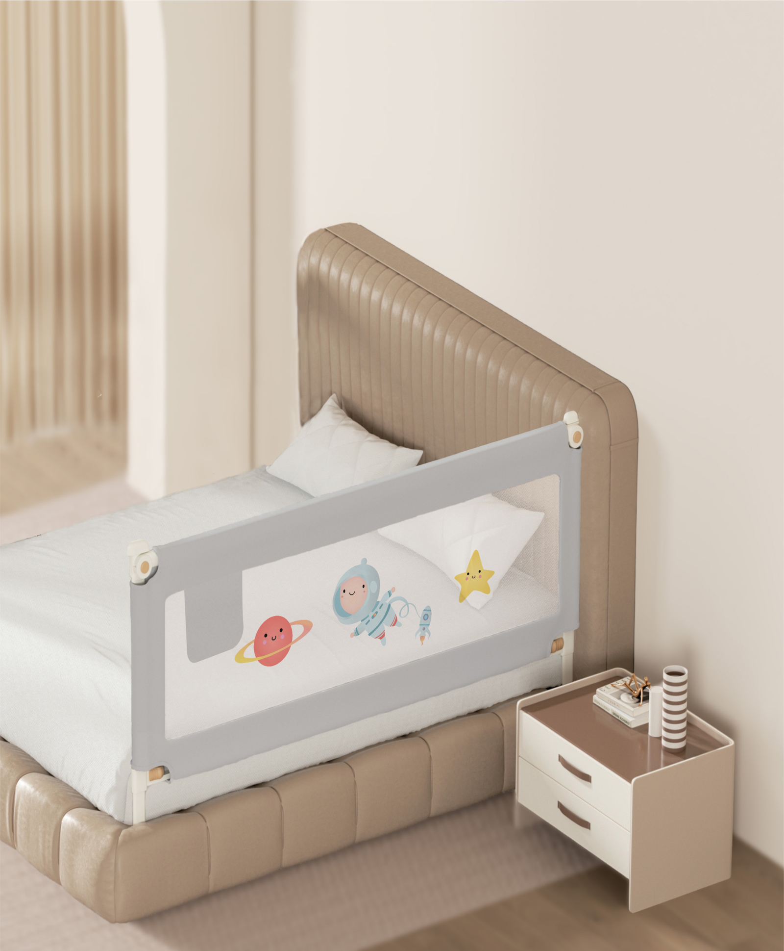 Kids Station Baby Bed Rail Guard with Storage Pocket Adjustable Height Single Side Bed Rail with See-Through Mesh, Foldable Portable Safety Guard (5.3ft / 160cm, Grey, With Pocket)-image-48