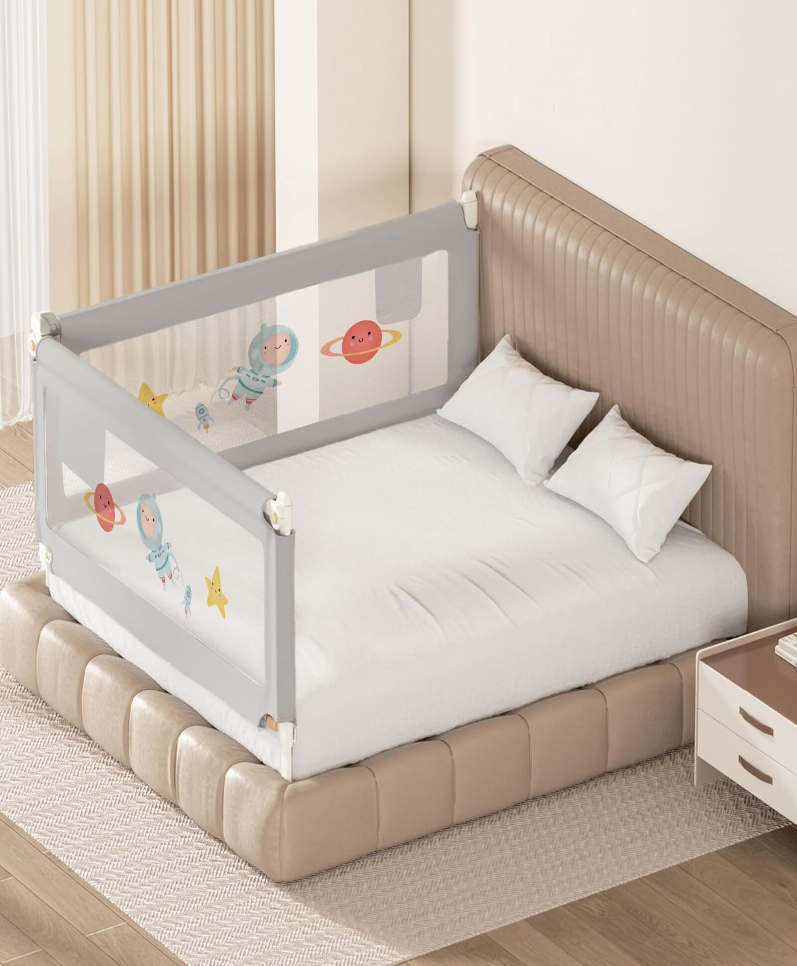 Kids Station Baby Bed Rail Guard with Storage Pocket Adjustable Height Double Side Bed Rail with Breathable See-Through Mesh, Foldable Safety Guard (6.3ft x 5.3ft, 2 Side, Grey, With Pocket)-image-46