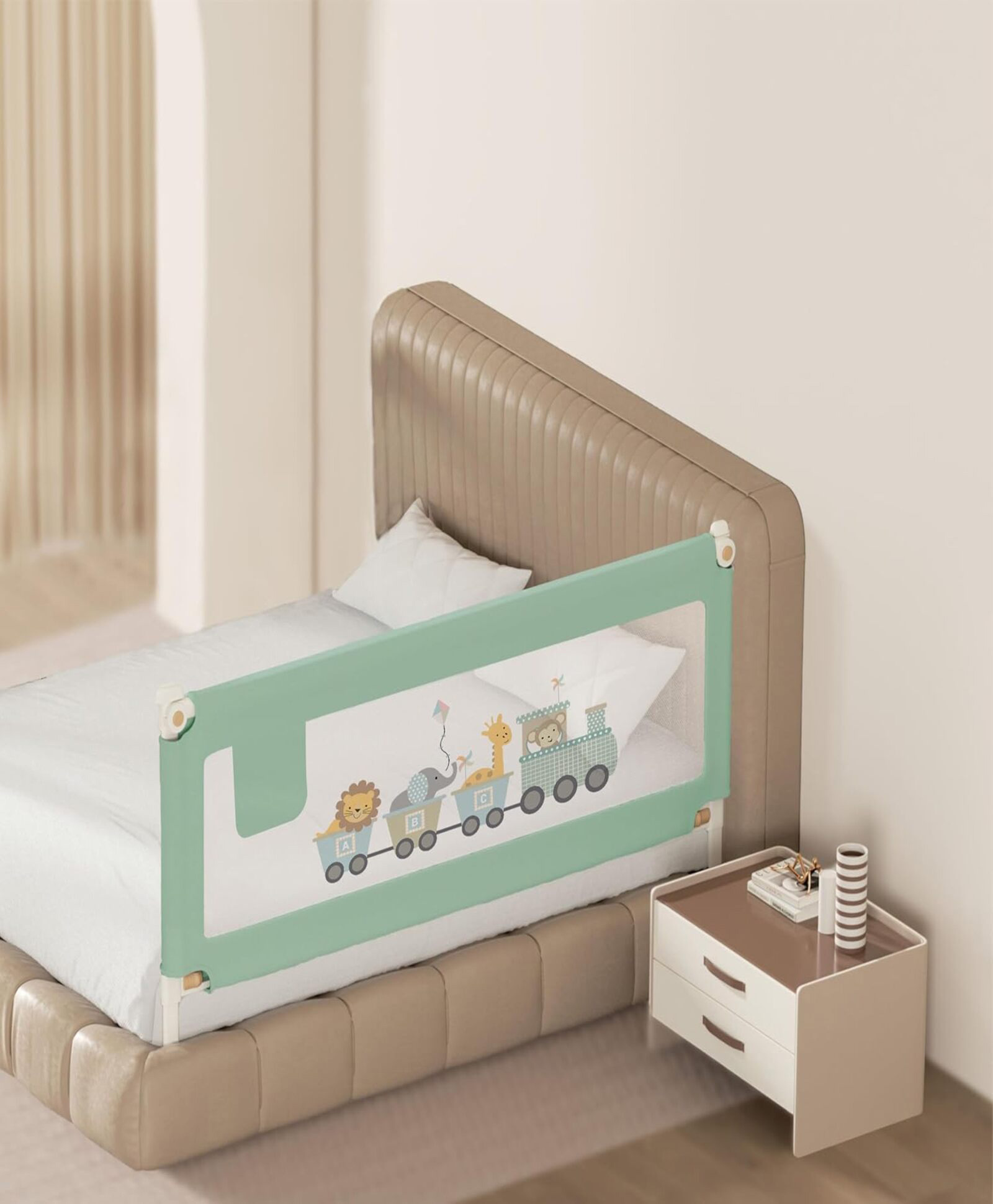Kids Station Baby Bed Rail Guard with Storage Pocket Adjustable Height Single Side Bed Rail with See-Through Mesh, Foldable Portable Safety Guard (5.3ft / 160cm, Green, With Pocket)-image-6