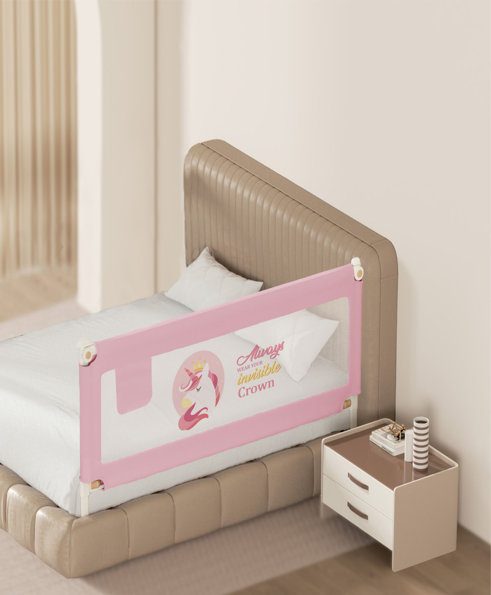 Kids Station Baby Bed Rail Guard with Storage Pocket Adjustable Height Single Side Bed Rail with See-Through Mesh, Foldable Portable Safety Guard (5.3ft / 160cm, Pink, With Pocket)-image-20