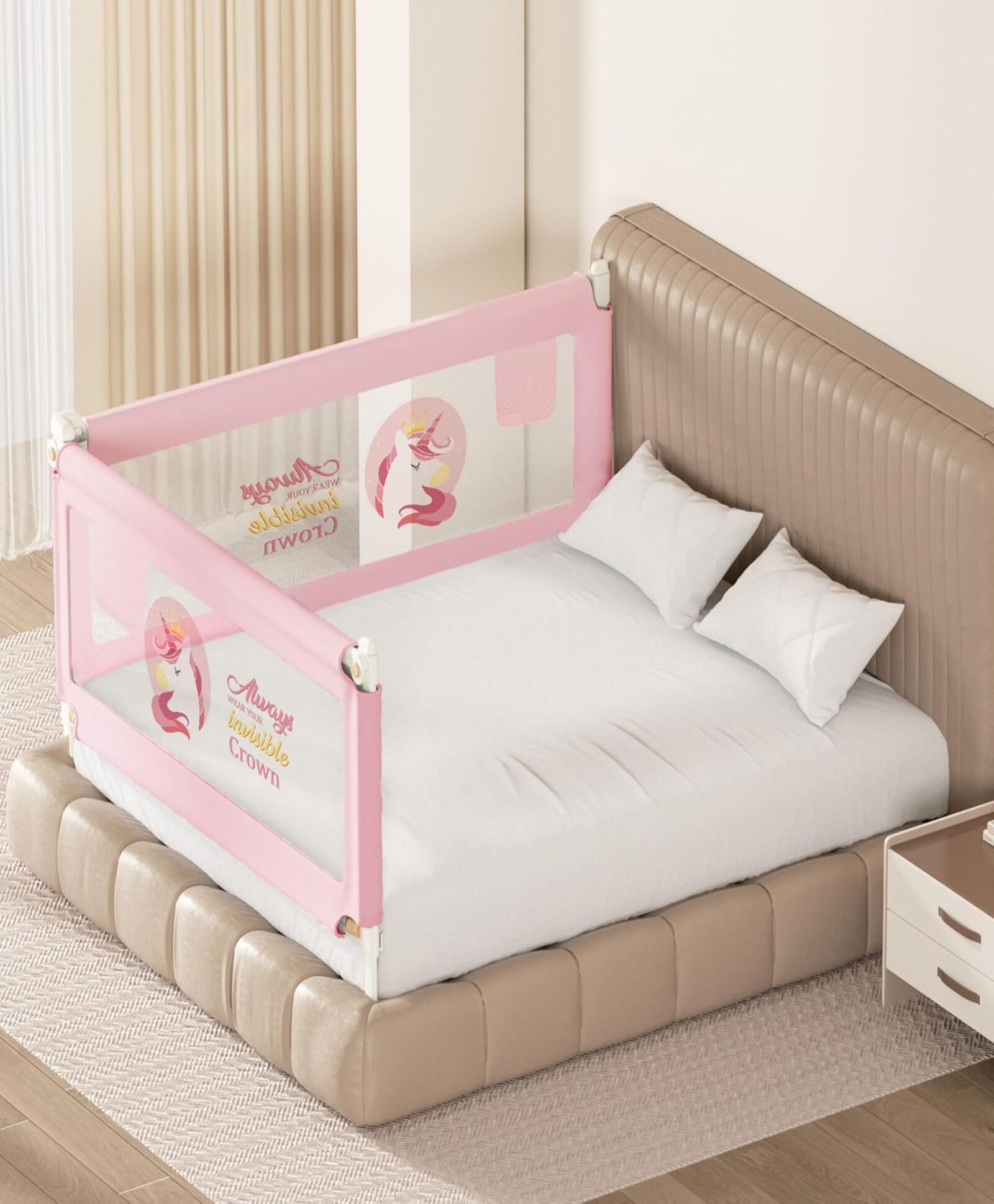 Kids Station Baby Bed Rail Guard with Storage Pocket Adjustable Height Double Side Bed Rail with Breathable See-Through Mesh, Foldable Safety Guard (6.3ft x 5.3ft, 2 Side, Pink, With Pocket)-image-19