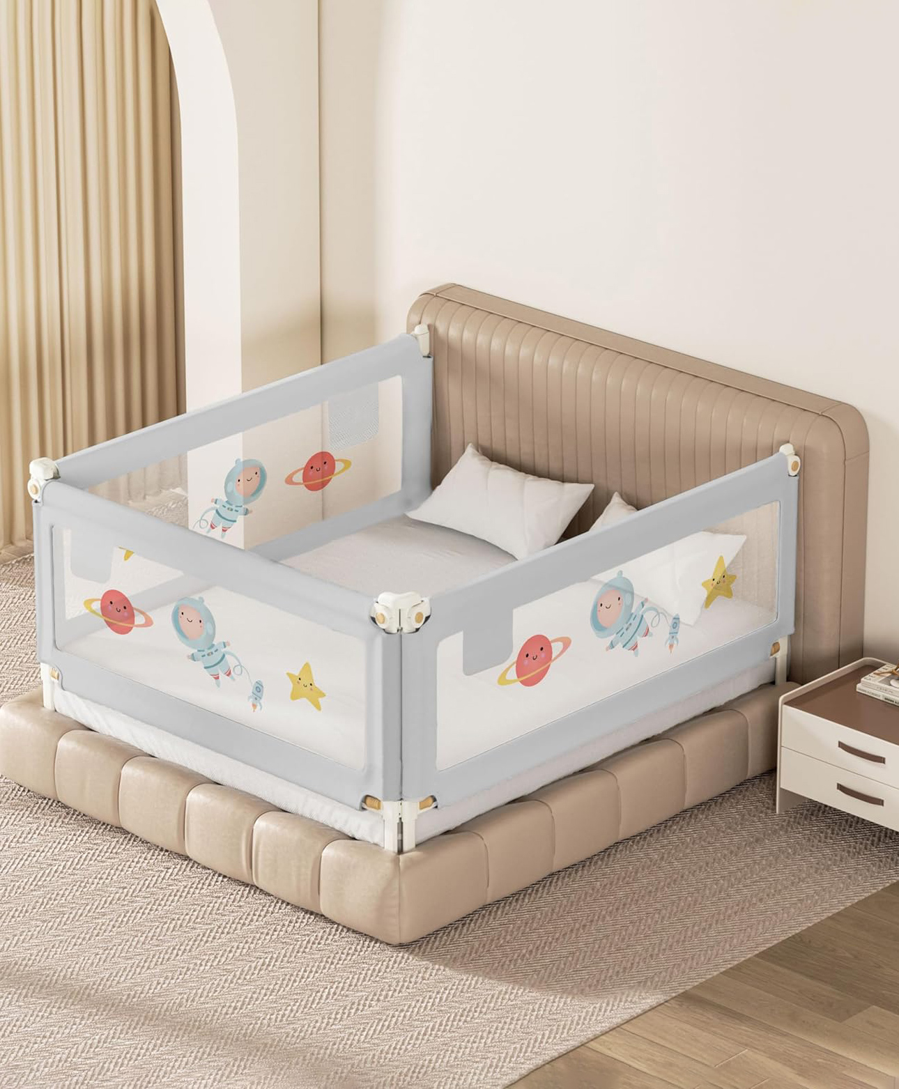 Kids Station Baby Bed Rail Guard with Storage Pocket Adjustable Height 3 Side Bed Rail with See-Through Mesh, Foldable Safety Guard (6ft x 5.3ft, 3 Side, Grey, With Pocket)-image-49