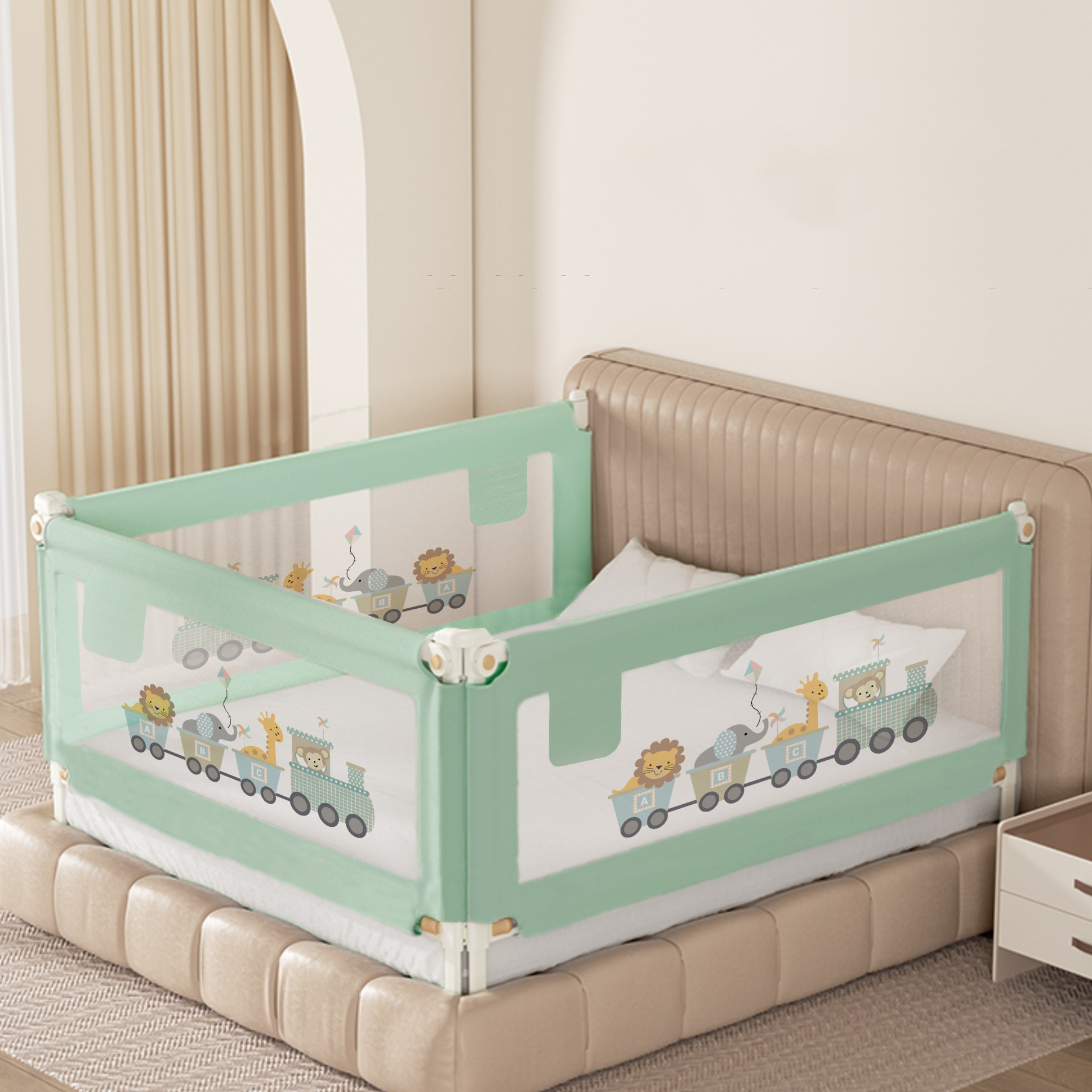 Kids Station Baby Bed Rail Guard with Storage Pocket Adjustable Height 3 Side Bed Rail with See-Through Mesh, Foldable Safety Guard (6ft x 5.3ft, 3 Side, Green, With Pocket)-image-3