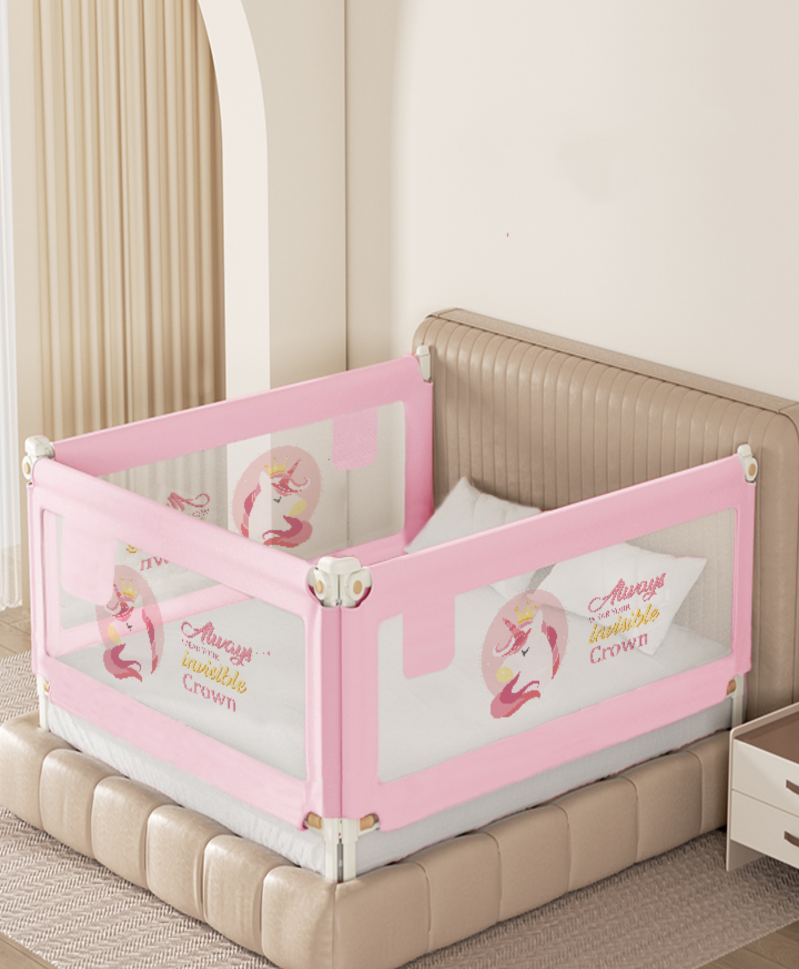 Kids Station Baby Bed Rail Guard with Storage Pocket Adjustable Height 3 Side Bed Rail with See-Through Mesh, Foldable Safety Guard (6.6ft x 5.3ft, 3 Side, Pink, With Pocket)-image-18
