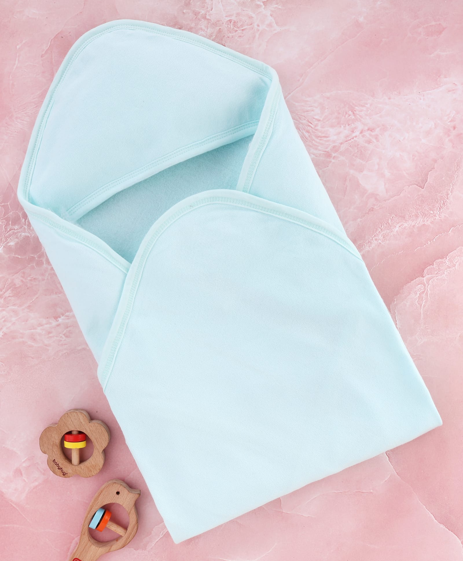 Babyhug Cotton Knit Solid Hooded Wrapper L 74 x B 74 cm - Light Blue-image-11