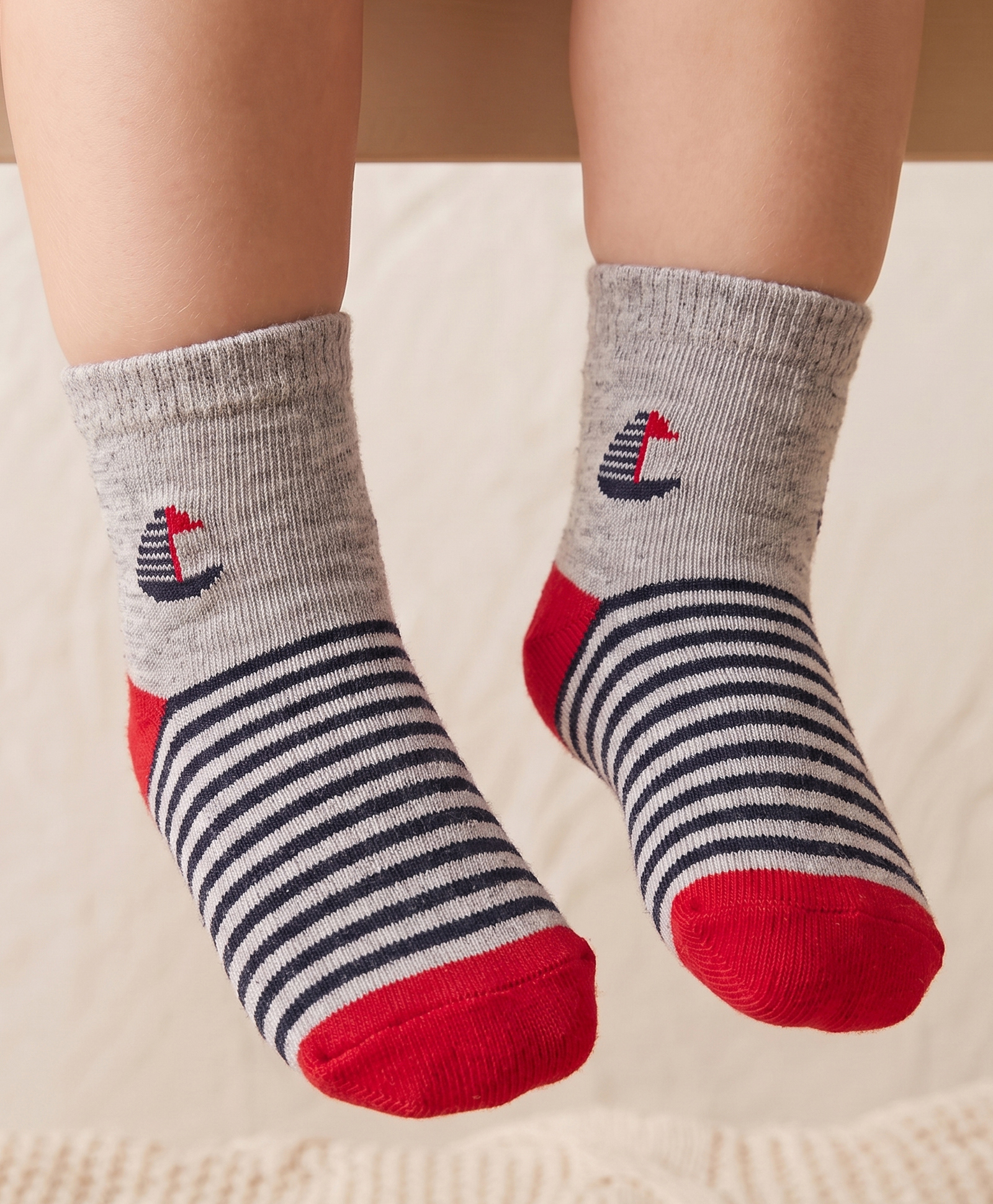 Mustang Knit Ankle Length Socks with Striped & Boat Design - Red-image-34