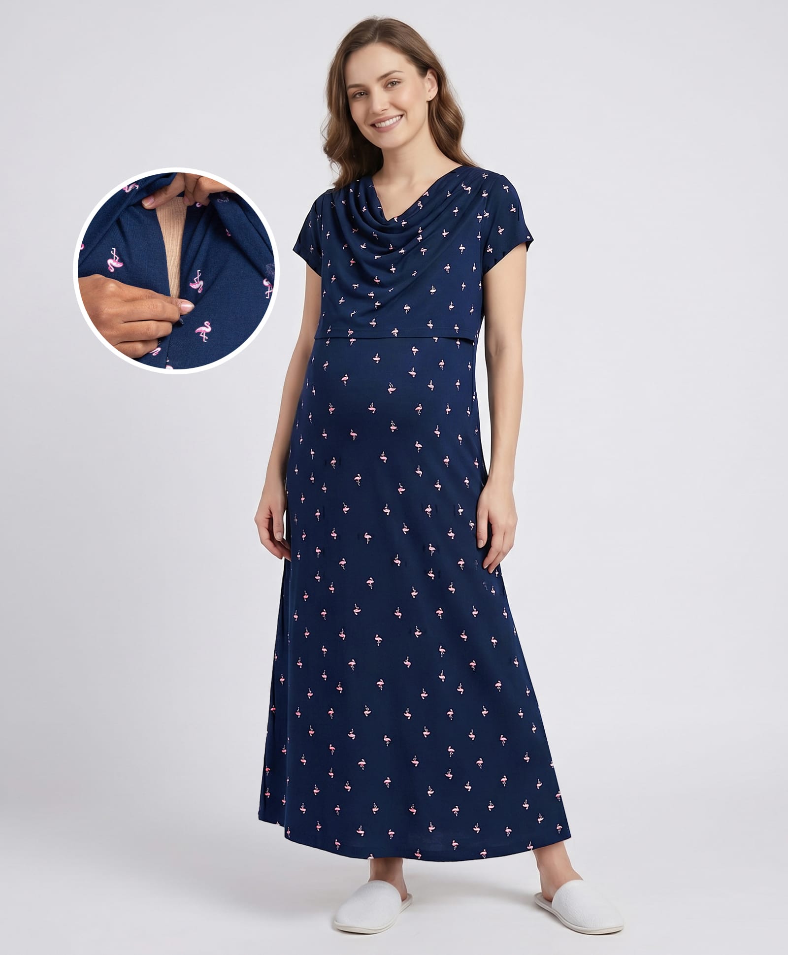 Bella Mama Cotton Knit Half Sleeves Nighty with Flamingo Print - Navy Blue-picture-13