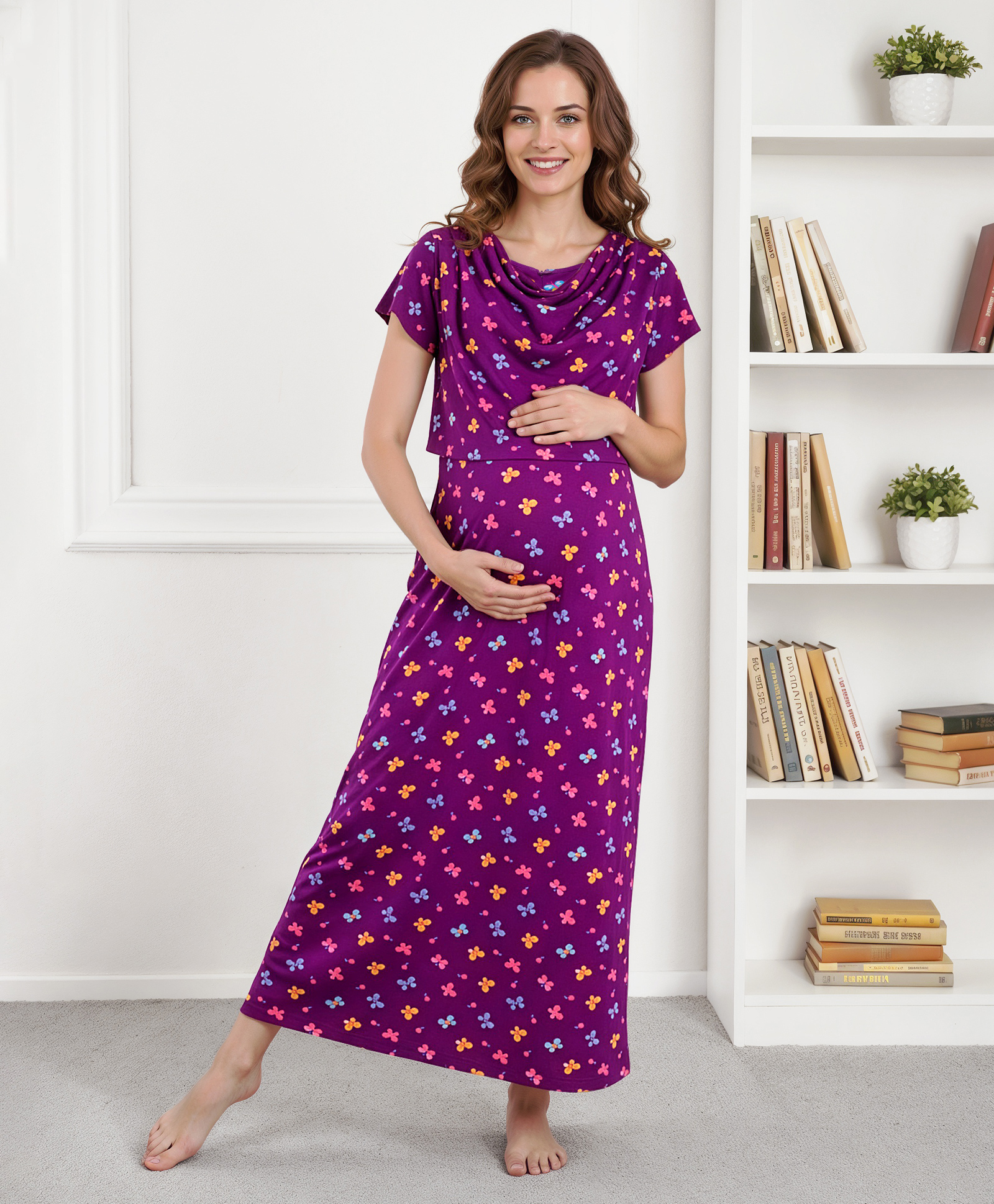 Bella Mama Cotton Knit Half Sleeves Nighty with Butterfly Print - Purple-picture-19