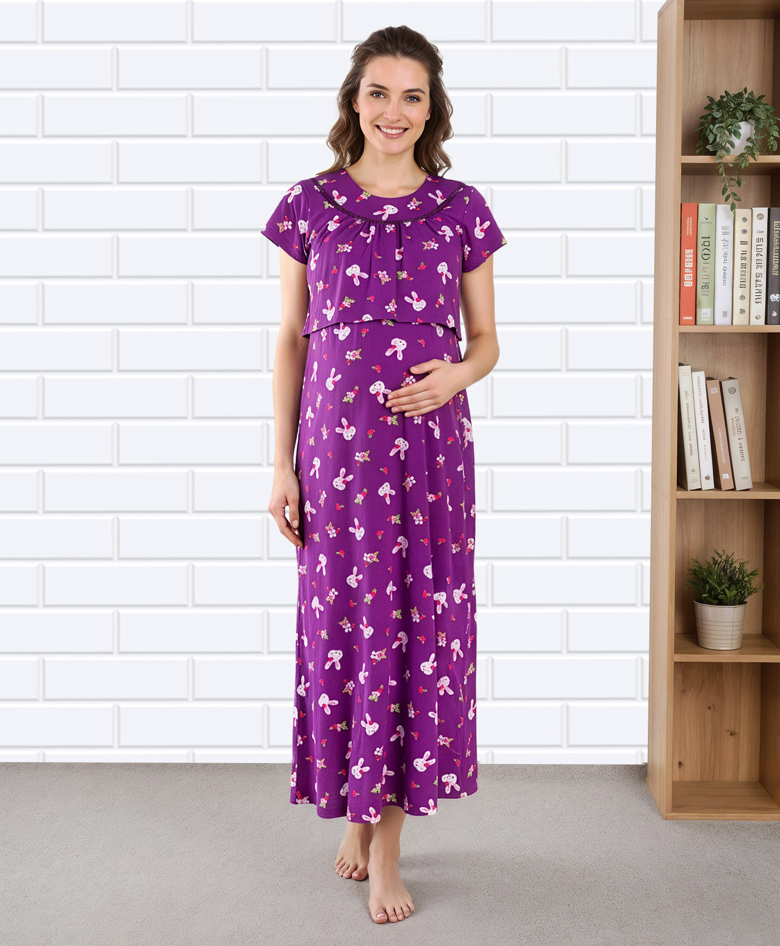 Bella Mama Cotton Knit Half Sleeves Nighty with Bunny & Floral Print - Purple-picture-36