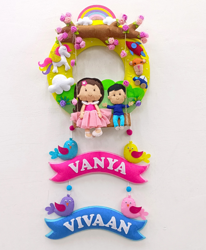 Fab Feltro Girl or Boy on Swing Donut Hanging Personalised Felt Kids Hanging Sibling Hanging - Multicolor-image-27