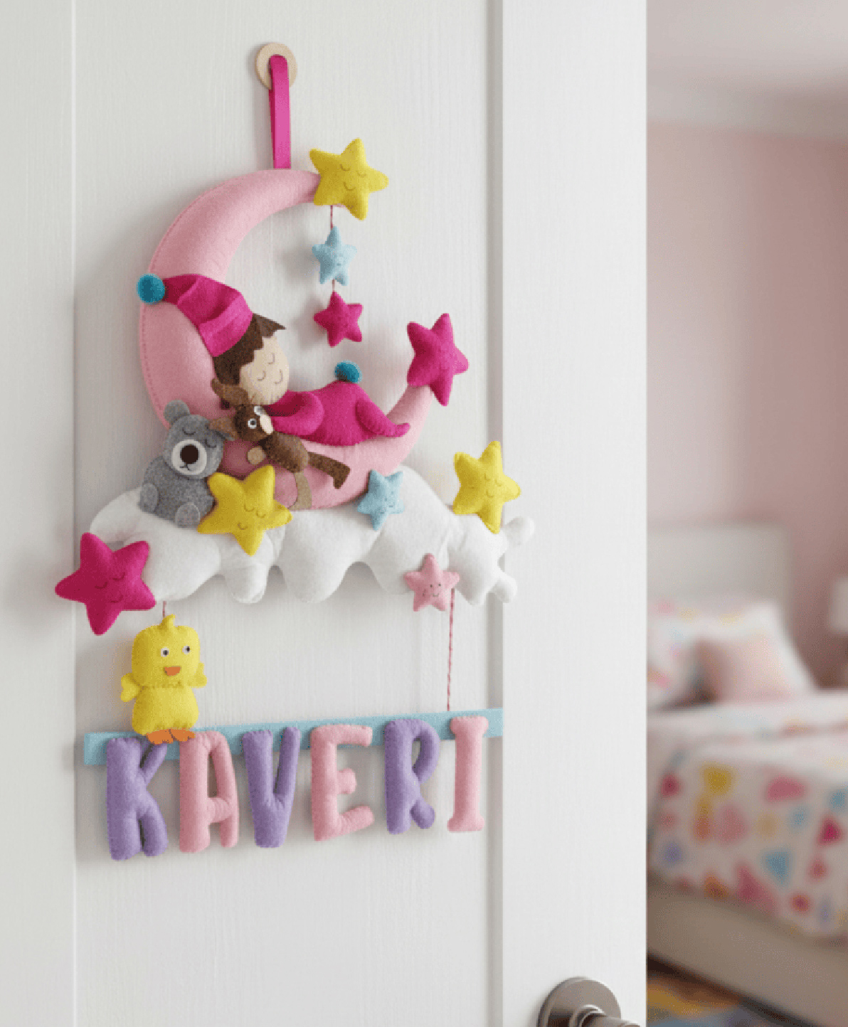 Fab Feltro Sleeping Baby On Moon - One Name , Personalised Felt Kids Hanging-image-9