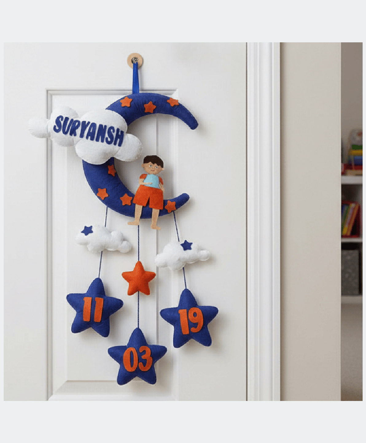 Fab Feltro Boy with Moon and Cloud , Personalised Felt Kids Hanging , Sibling-image-31