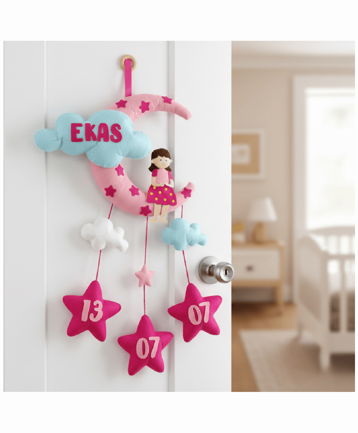 Fab Feltro Girl with Moon and Cloud , Personalised Felt Kids Hanging-image-35