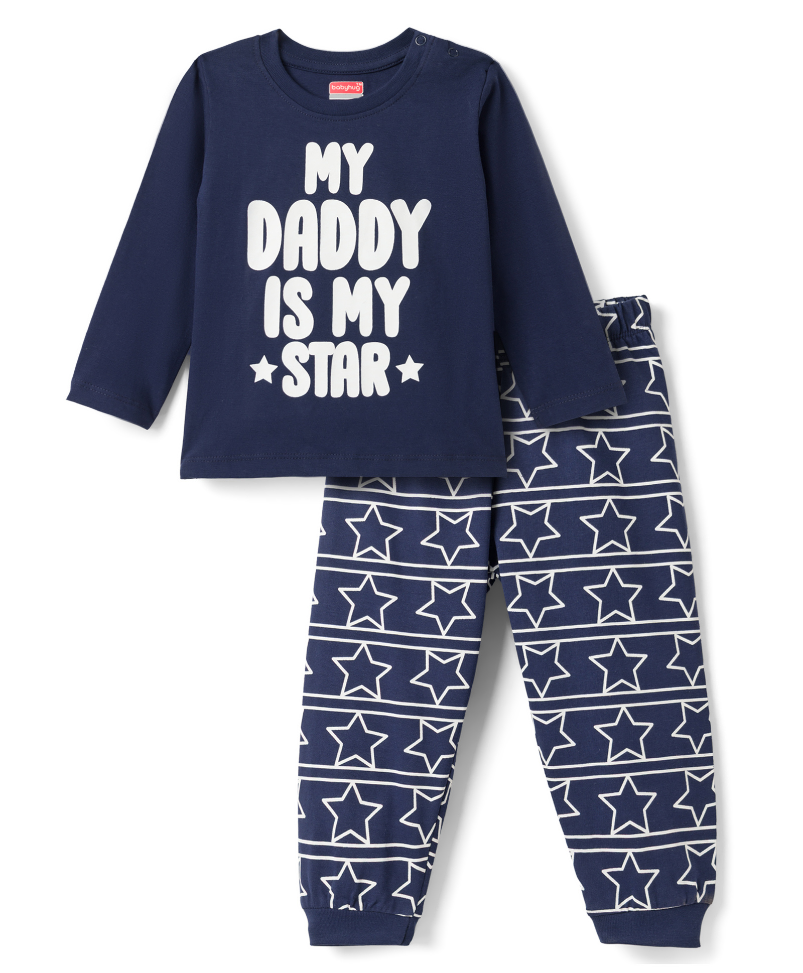 Babyhug Cotton Knit Full Sleeves Text & Star Printed T-Shirts & Joggers Night Suit - Navy Blue-image-48