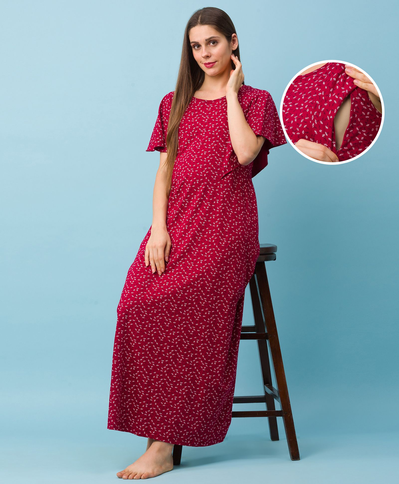 Bella Mama Cotton Knit Half Sleeves Nighty With Floral Print - Maroon-picture-37