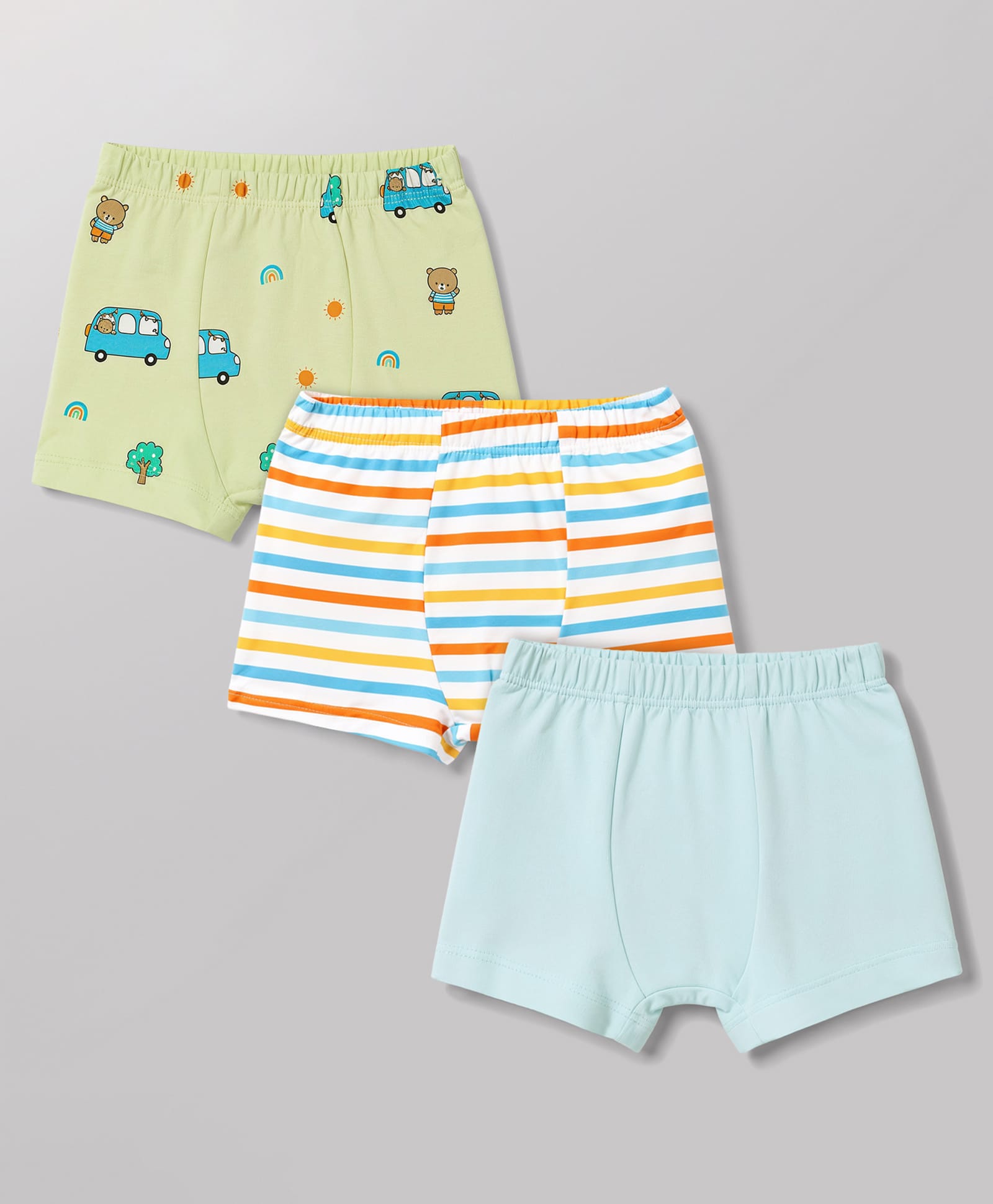 Babyhug 100% Cotton Single Jersey Knit Striped & Car Printed Trunks Pack of 3 -Aqua & White-image-6