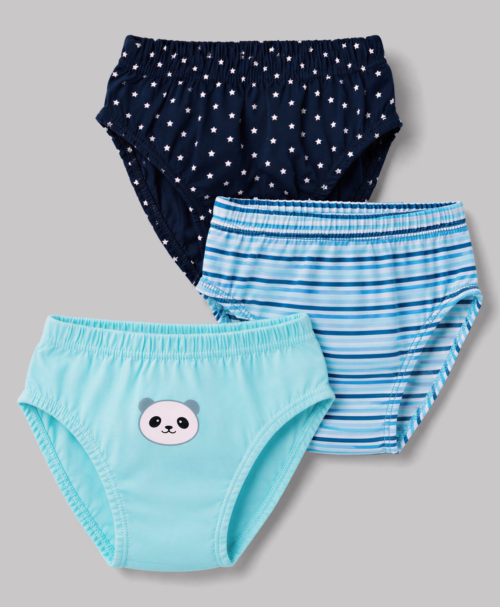 Babyhug 100% Cotton Knit Star Panda Printed & Striped Briefs Pack Of 3 - Light & Navy Blue-image-40