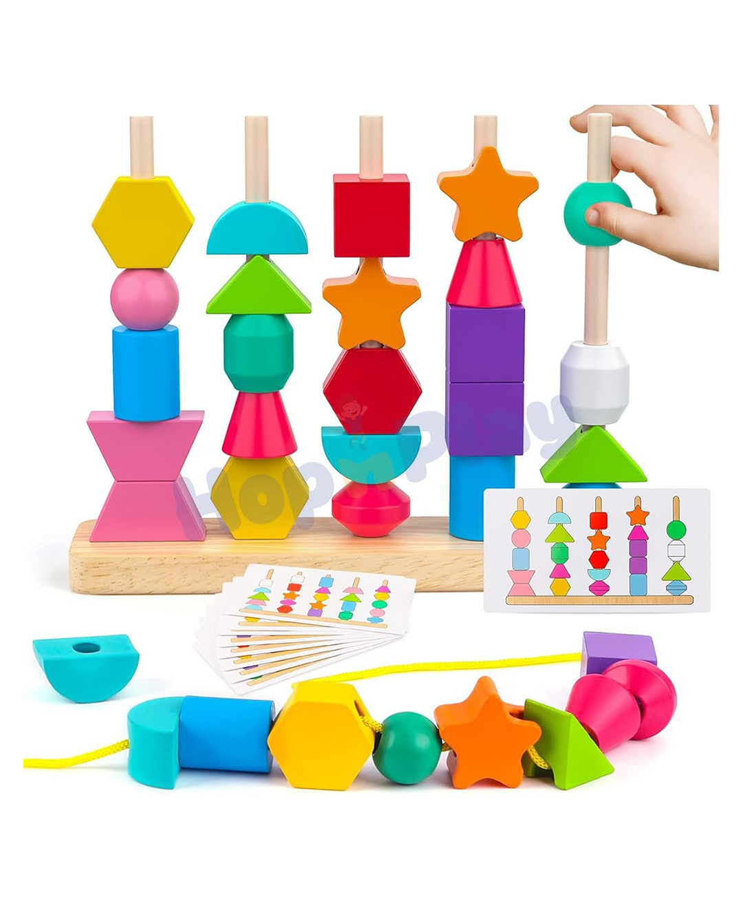 Hop N Play Wooden Beads Sequencing Toy Set | Montessori Lacing & Stacking Toy | Colour & Shape Matching Educational Fine Motor Skills Learning Toy-picture-24