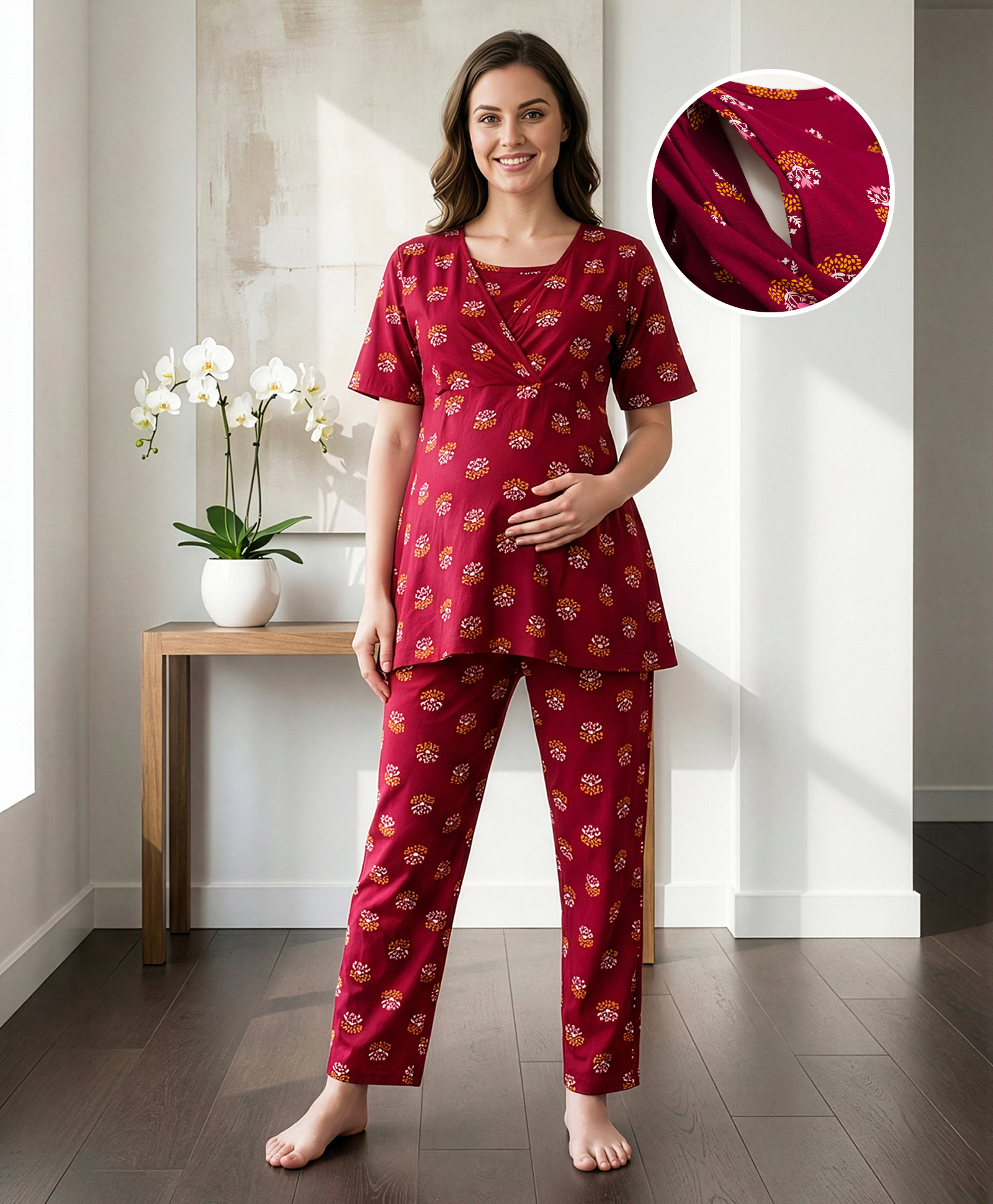 Bella Mama Cotton Knit Half Sleeves Co-ords Nursing Night Suit - Maroon-image-9