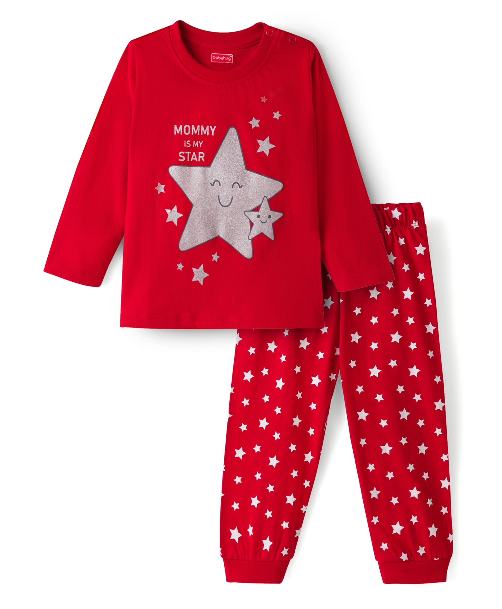 Babyhug Cotton Knit Full Sleeves Star Printed T-Shirt & Pyjama Night Suit - Red-image-26