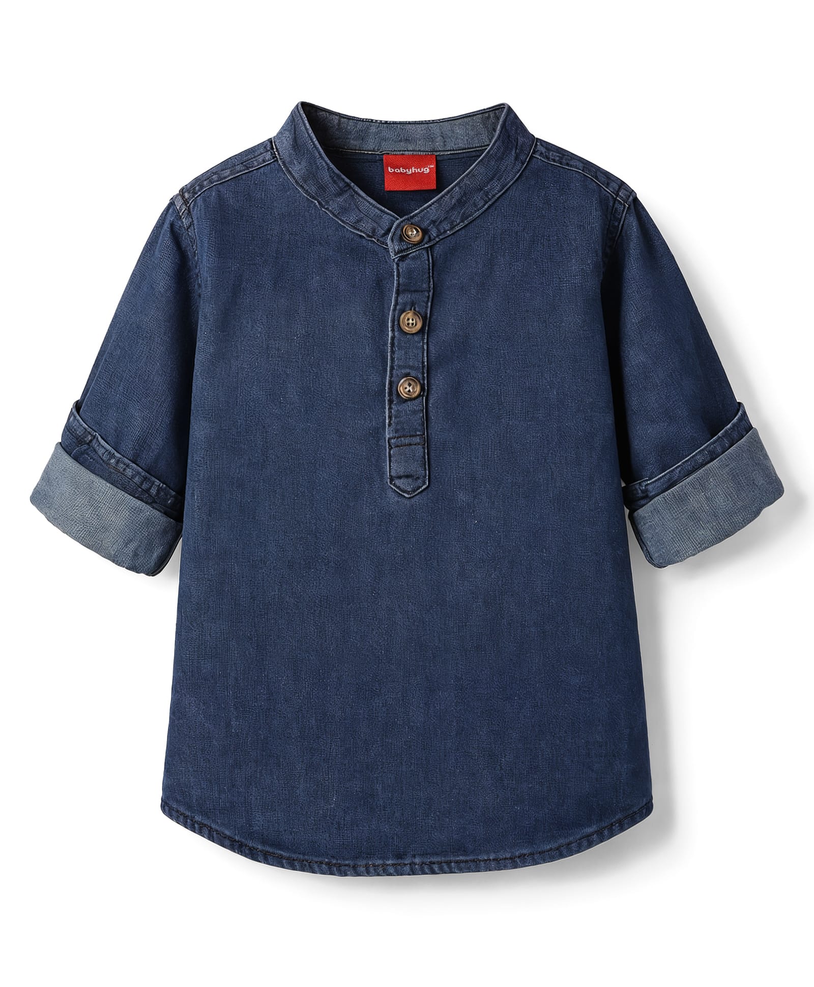 Babyhug Cotton Woven Washed Shirt Full Sleeves Mandarin Collar Blue 0-3 Months-image-7