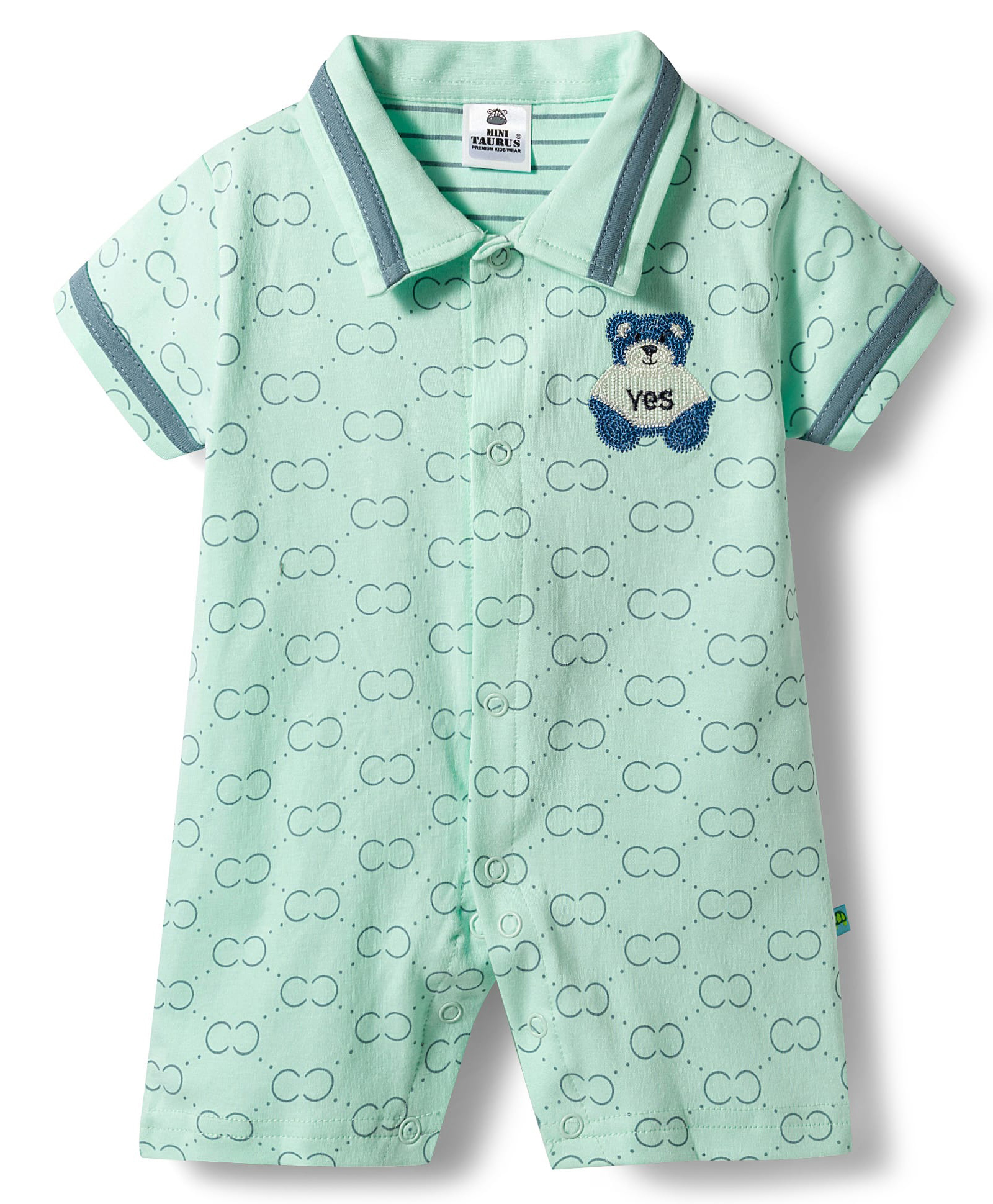 Mini Taurus Interlock Knit Half Sleeves Romper with Bear Print & Embroidery - Mint-picture-24