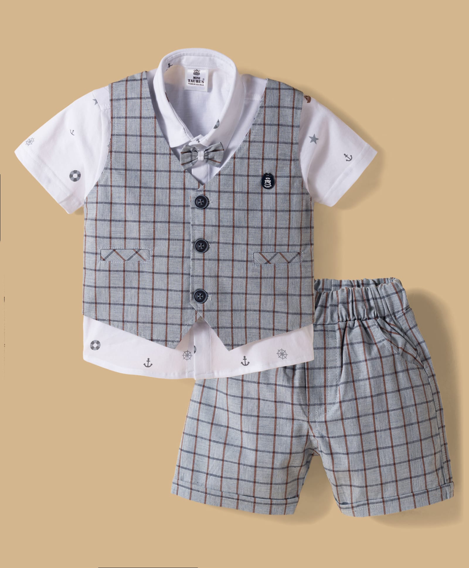 Mini Taurus Sinker Woven Half Sleeves Nautical Theme Printed Shirt & Shorts Set With Waistcoat & Checks Print - Grey-picture-27
