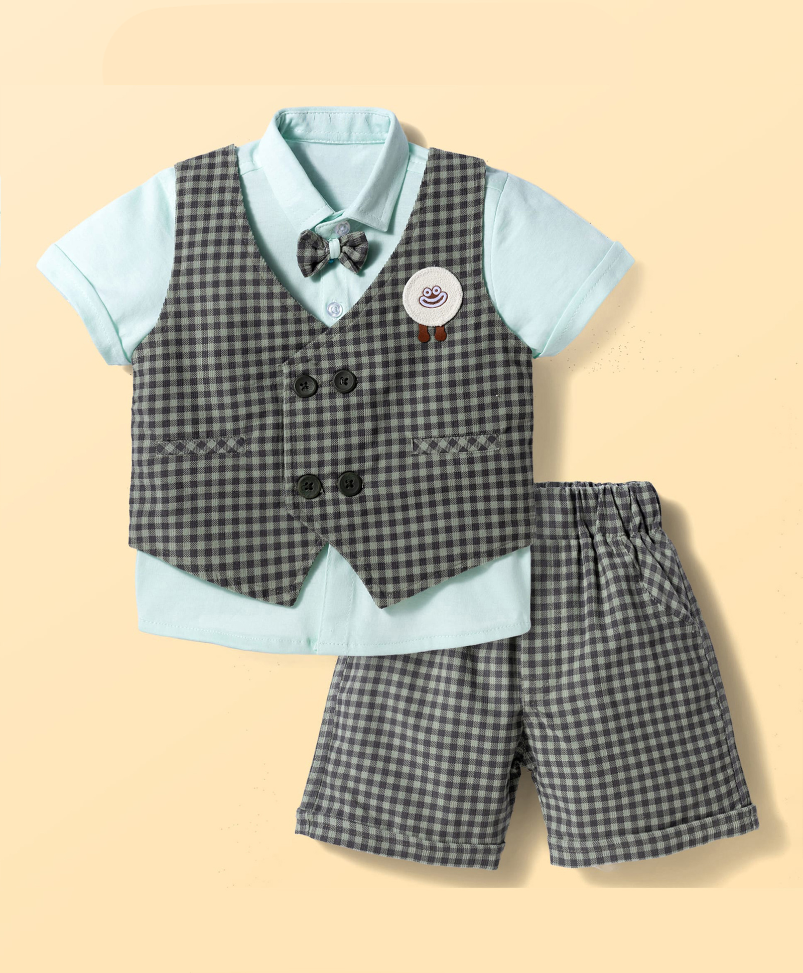 Mini Taurus Sinker Knit Half Sleeves Checkered Shirt & Shorts Set with Waistcoat with Attached Bow & Patch - Brown-picture-29