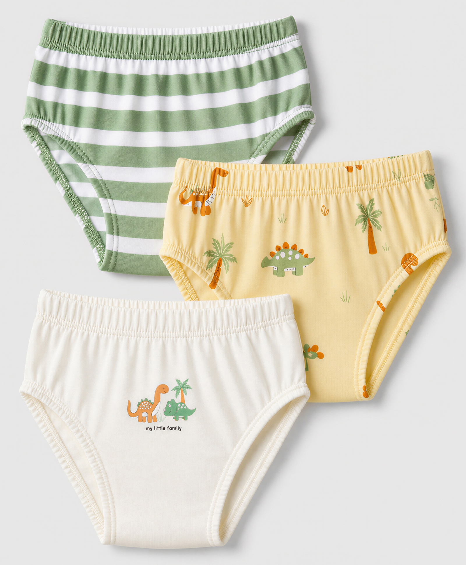 Babyhug 100% Cotton Single Jersey Knit Striped Briefs With Dino Printed Pack of 3 - Olive & Cream & Yellow-image-48