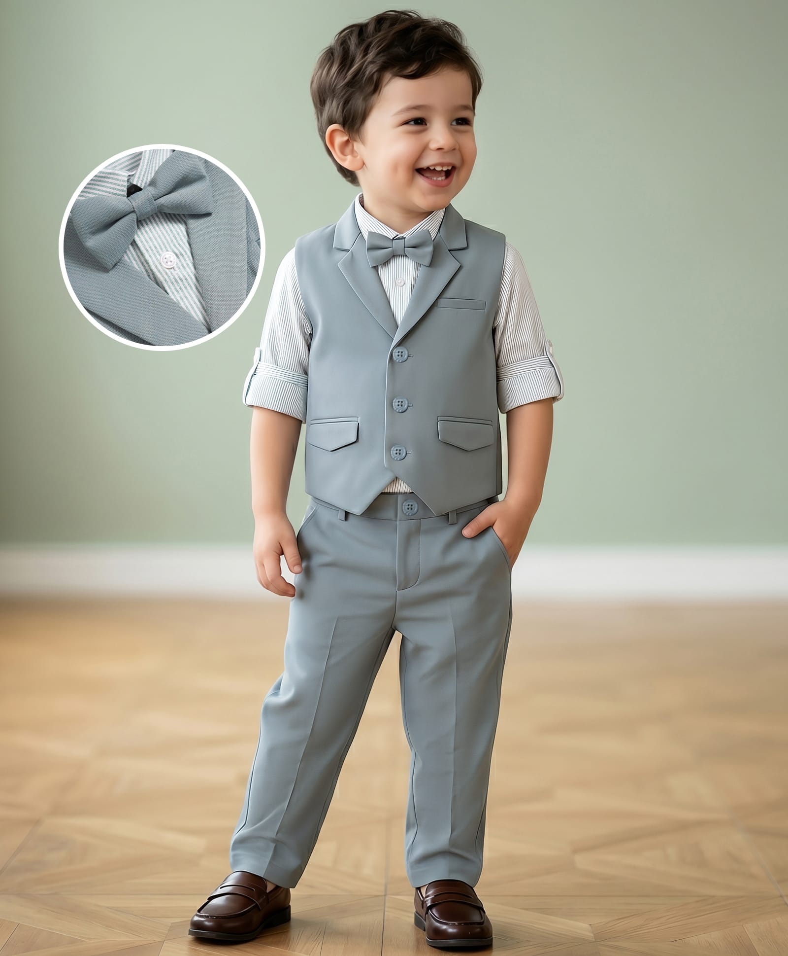 Mark & Mia Woven Full Sleeves 3 Piece Party Suit with Bow & Striped - Multicolor-picture-19