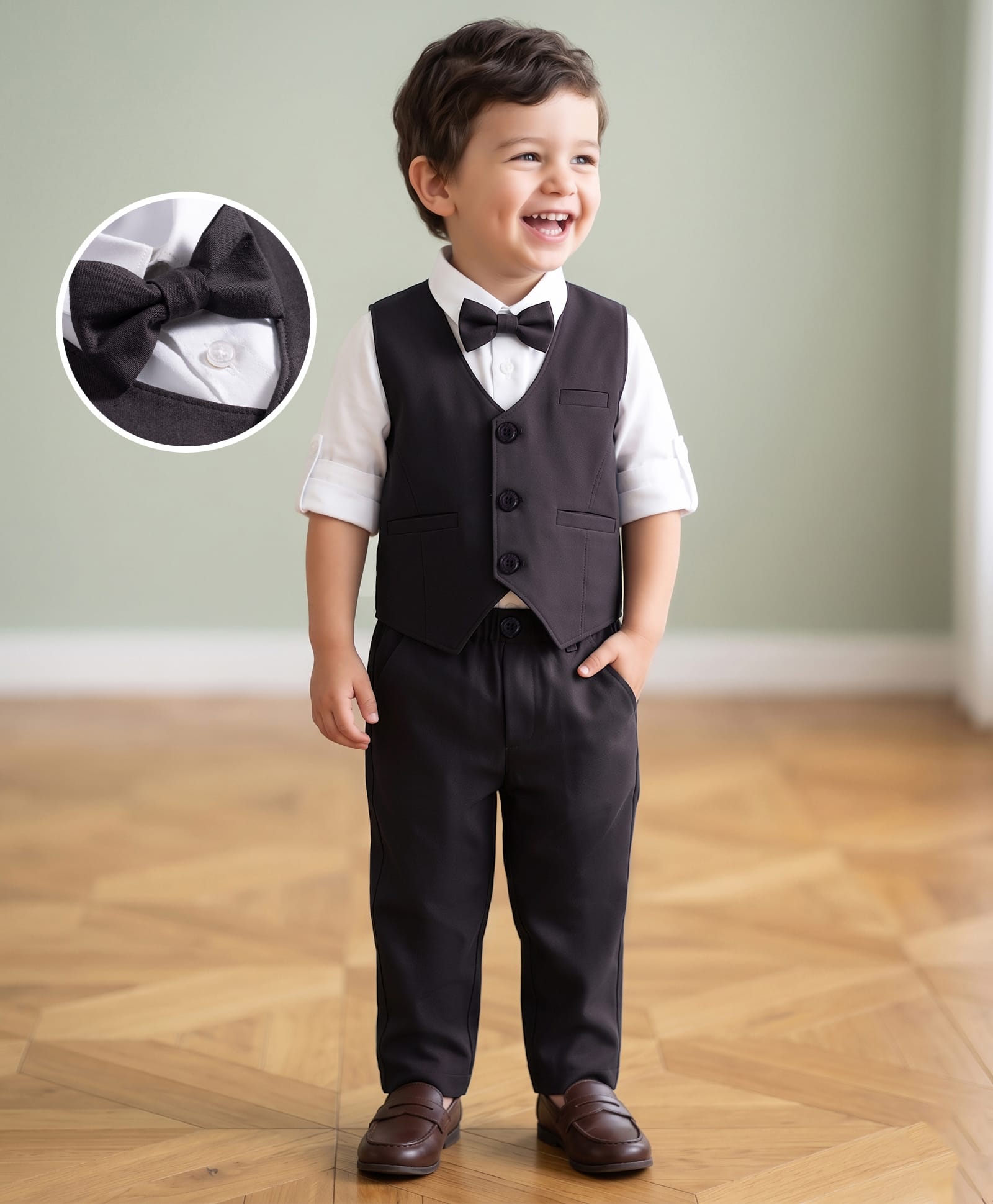 Mark & Mia Woven Full Sleeves Solid 3 Piece Party Suit with Bow - Black & White-picture-14