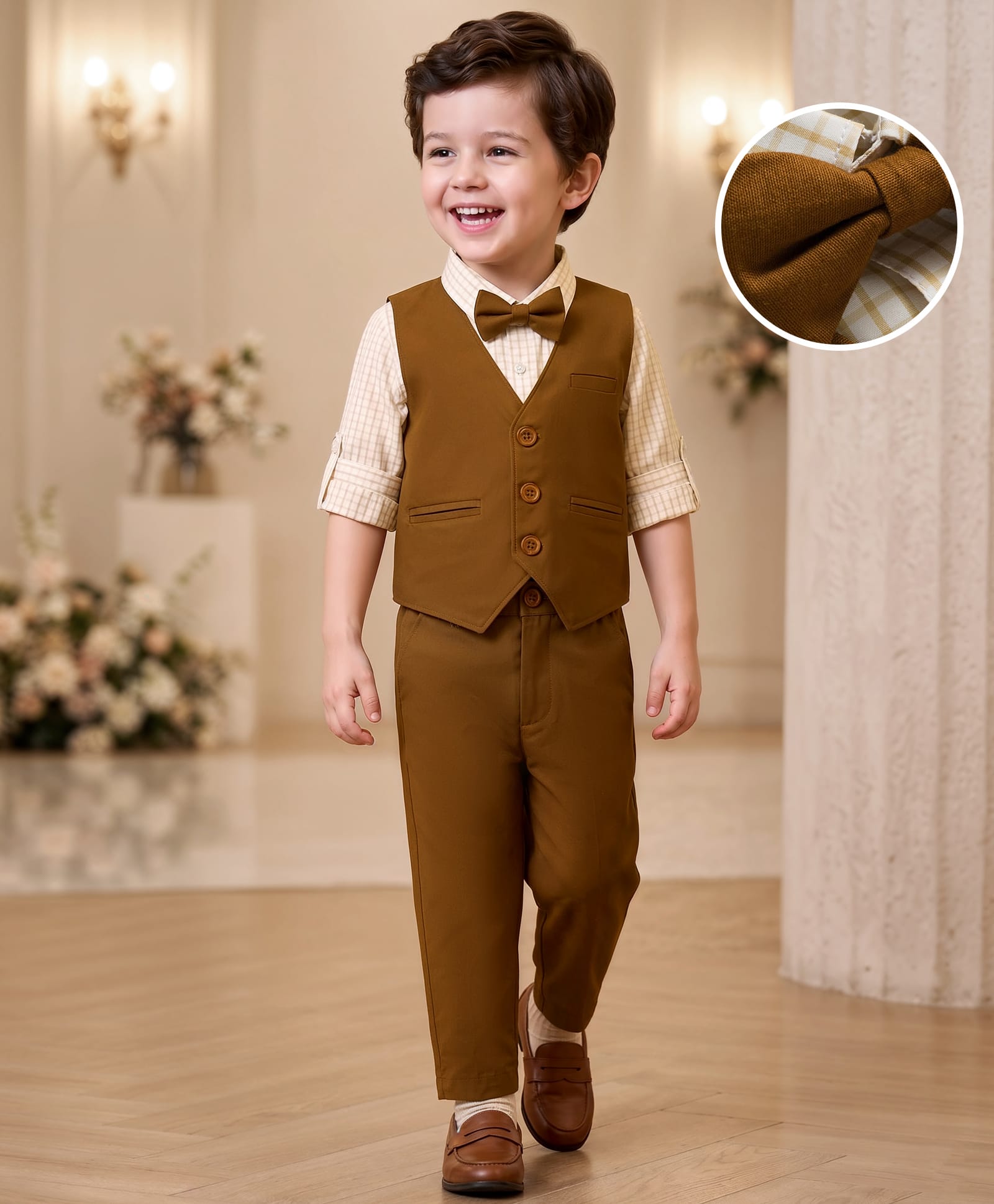 Mark & Mia Woven Full Sleeves Checks 3 Piece Party Suit with Bow - Multicolor-picture-15