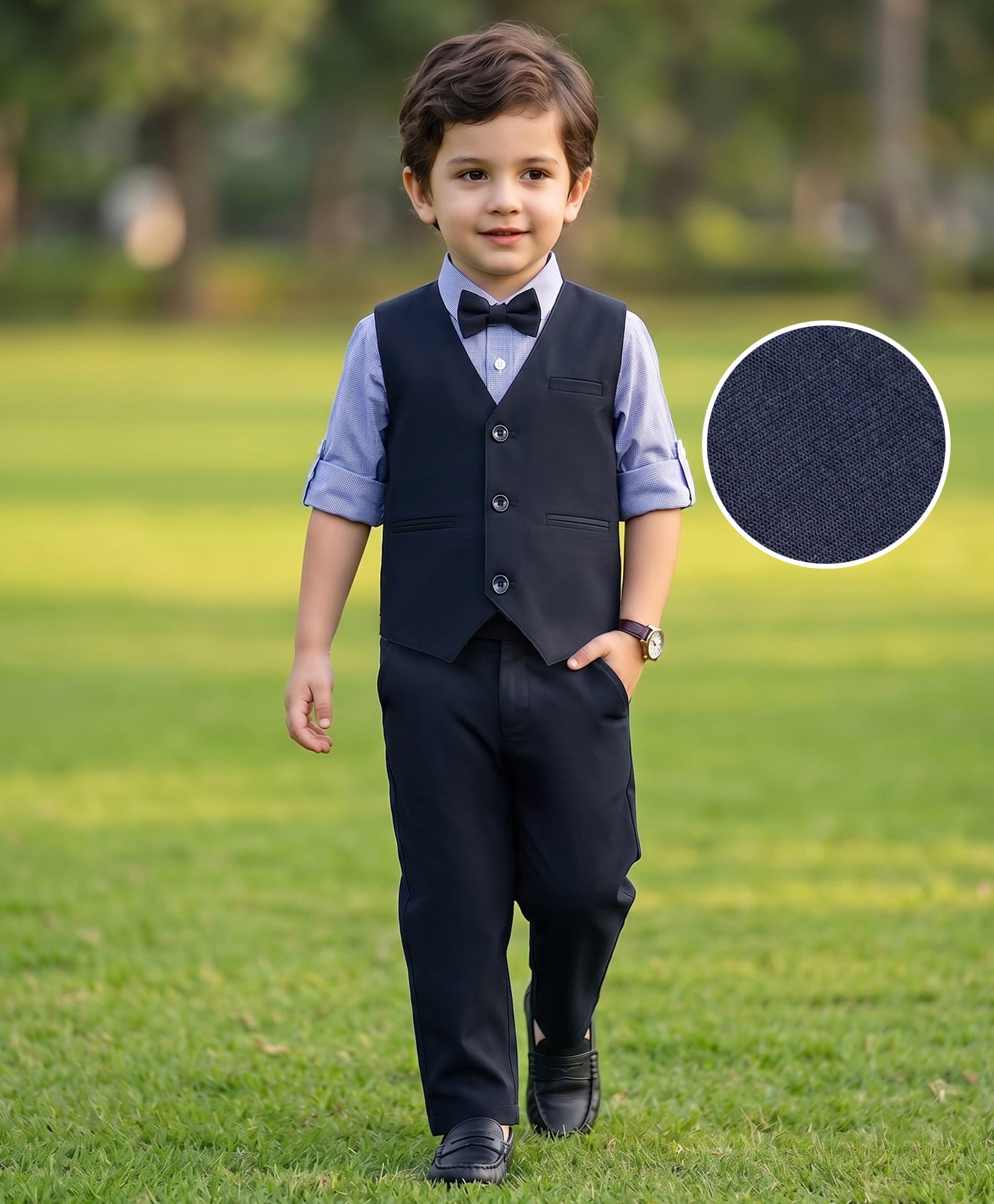 Mark & Mia Woven Full Sleeves Checked 3 Piece Party Suit With Waistcoat & Bow - Multicolor-picture-10