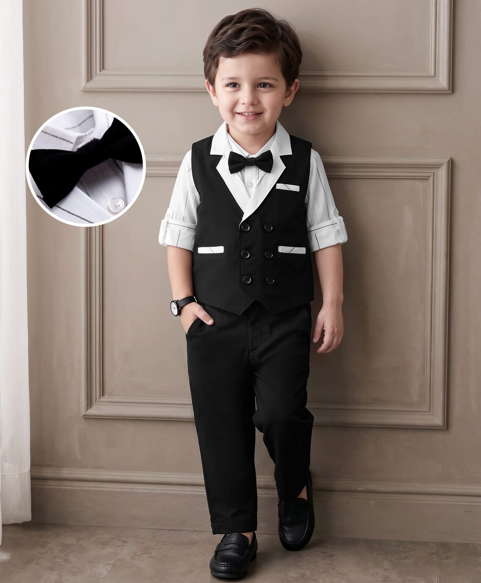 Mark & Mia Woven Full Sleeves Striped 3 Piece Party Suit with Bow - Multicolor-picture-39
