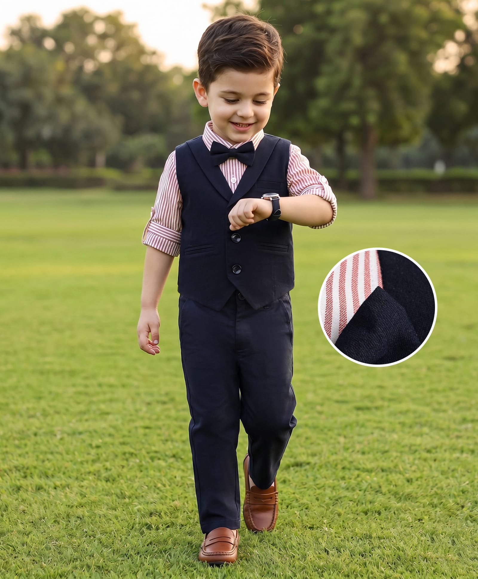 Mark & Mia Cotton Mixes Woven Full Sleeves Striped 3 Piece Waist Coat Party Suit With Bow - Multi Color-picture-12