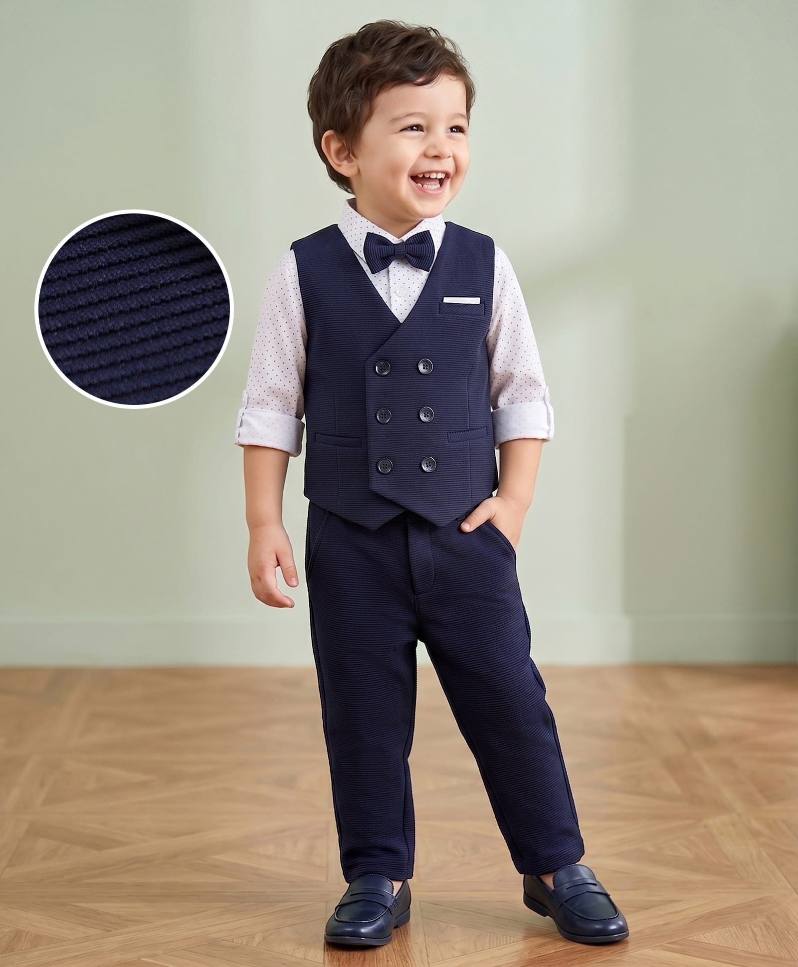 Mark & Mia Woven Full Sleeves Printed 3 Piece Party Suit With Bow - Navy Blue & White-picture-23