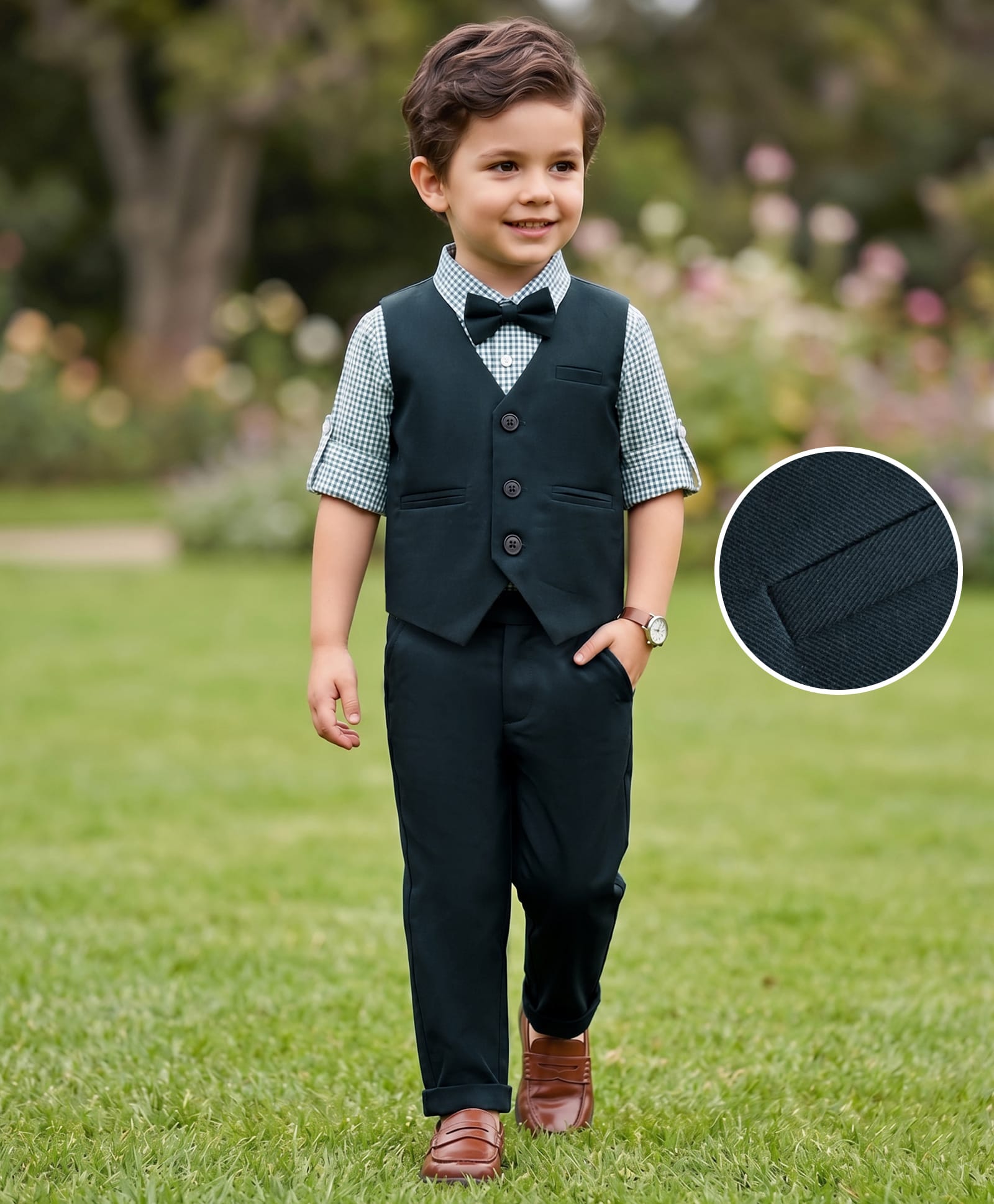 Mark & Mia Woven Full Sleeves Checks 3 Piece Party Suit with Bow - Multicolor-picture-10