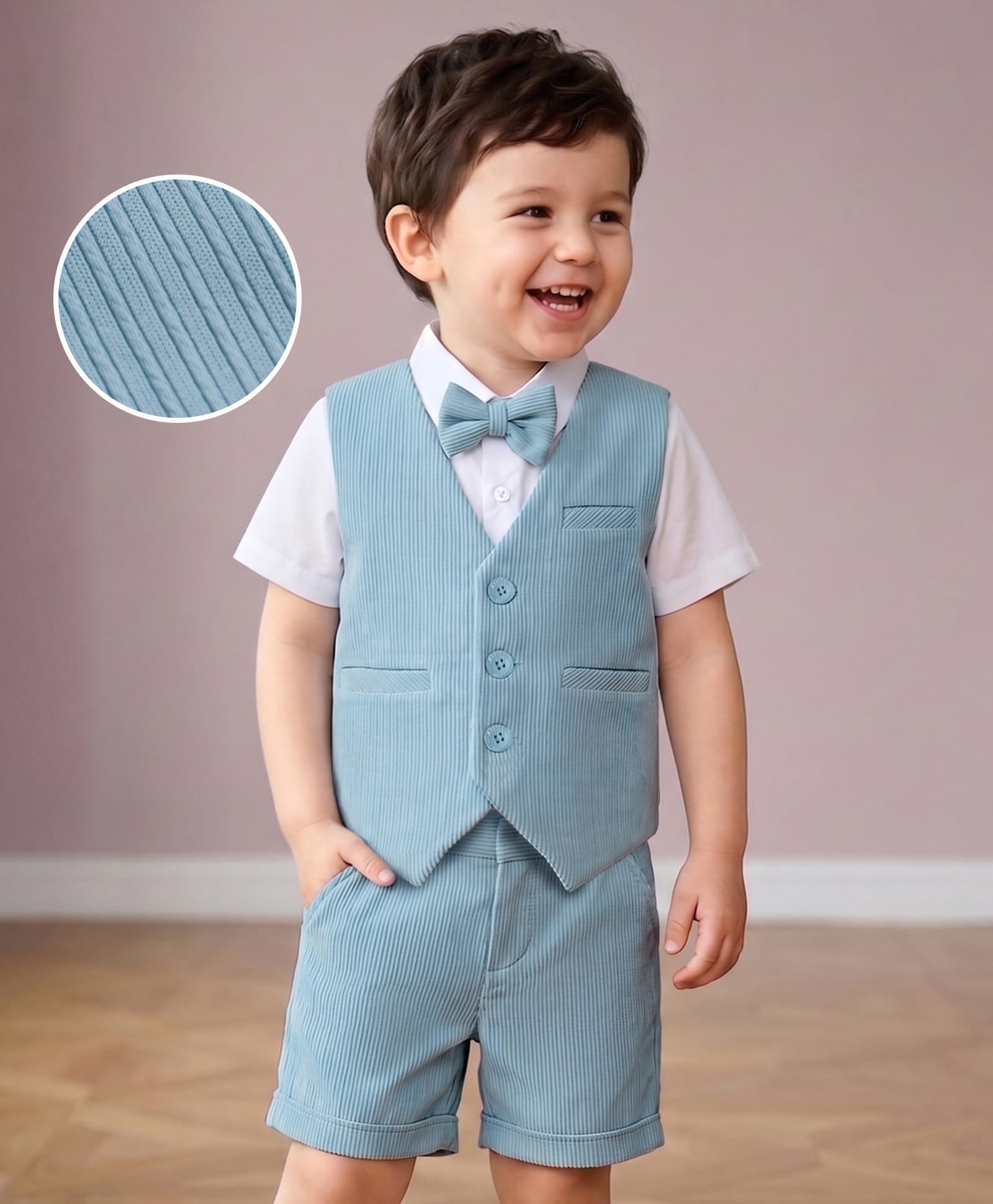 Mark & Mia Cotton Woven Half Sleeves 3 Piece Party Suit With Bow - Light Blue-image-20