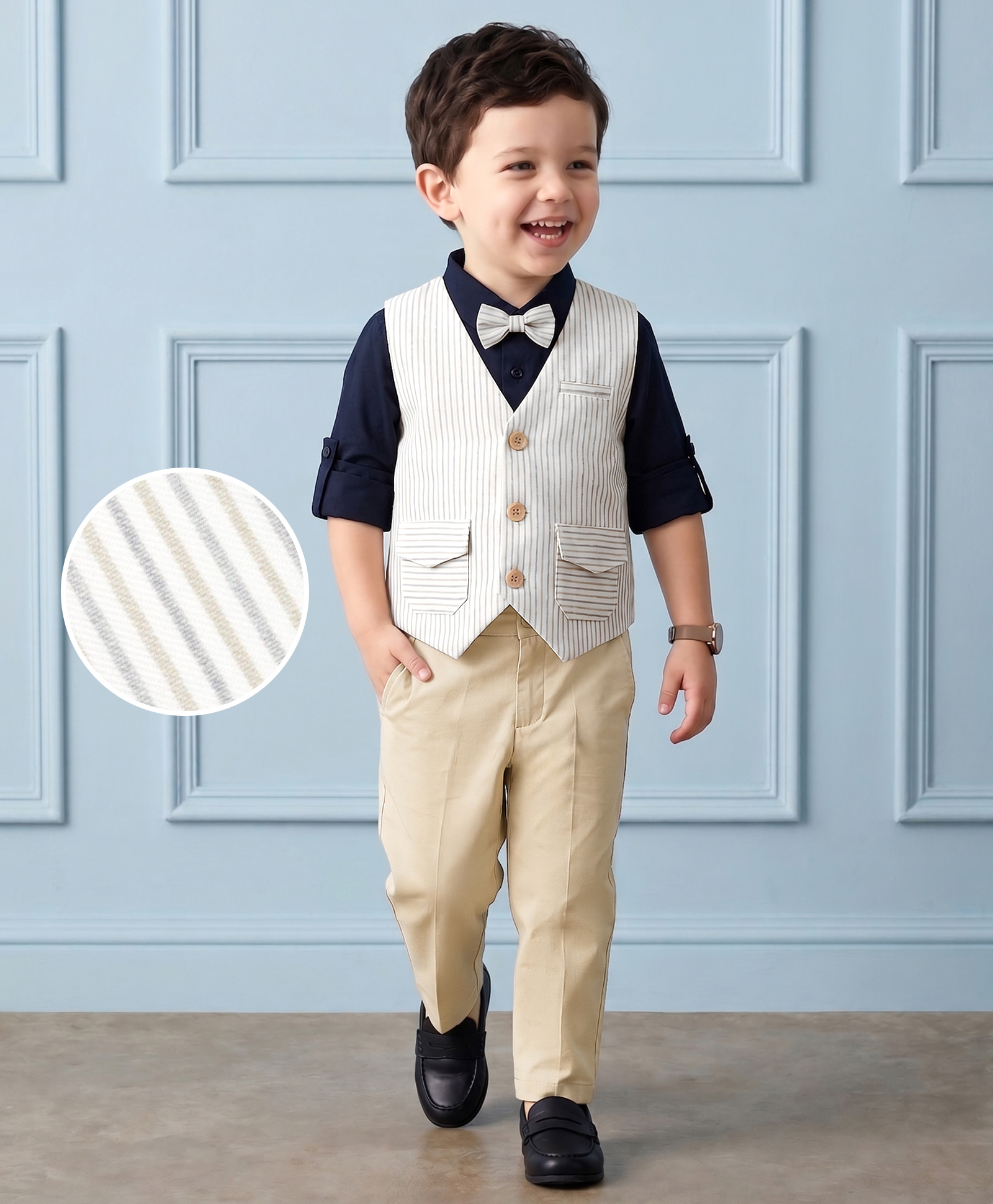 Mark & Mia Woven Full Sleeves Striped 3 Piece Party Suit with Bow - Multicolor-picture-38