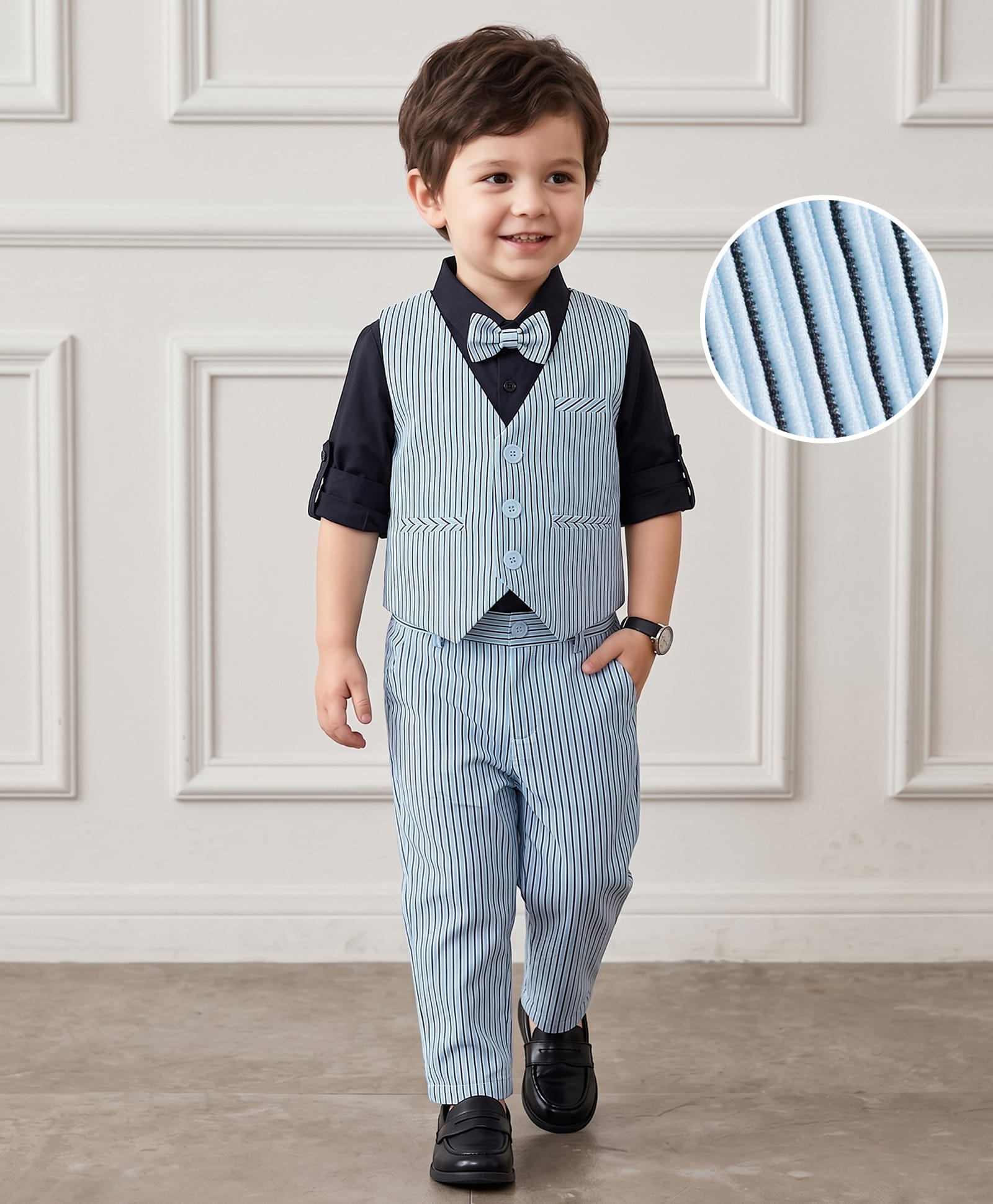Mark & Mia Woven Full Sleeves Striped 3 Piece Party Suit with Bow - Multicolor-picture-19