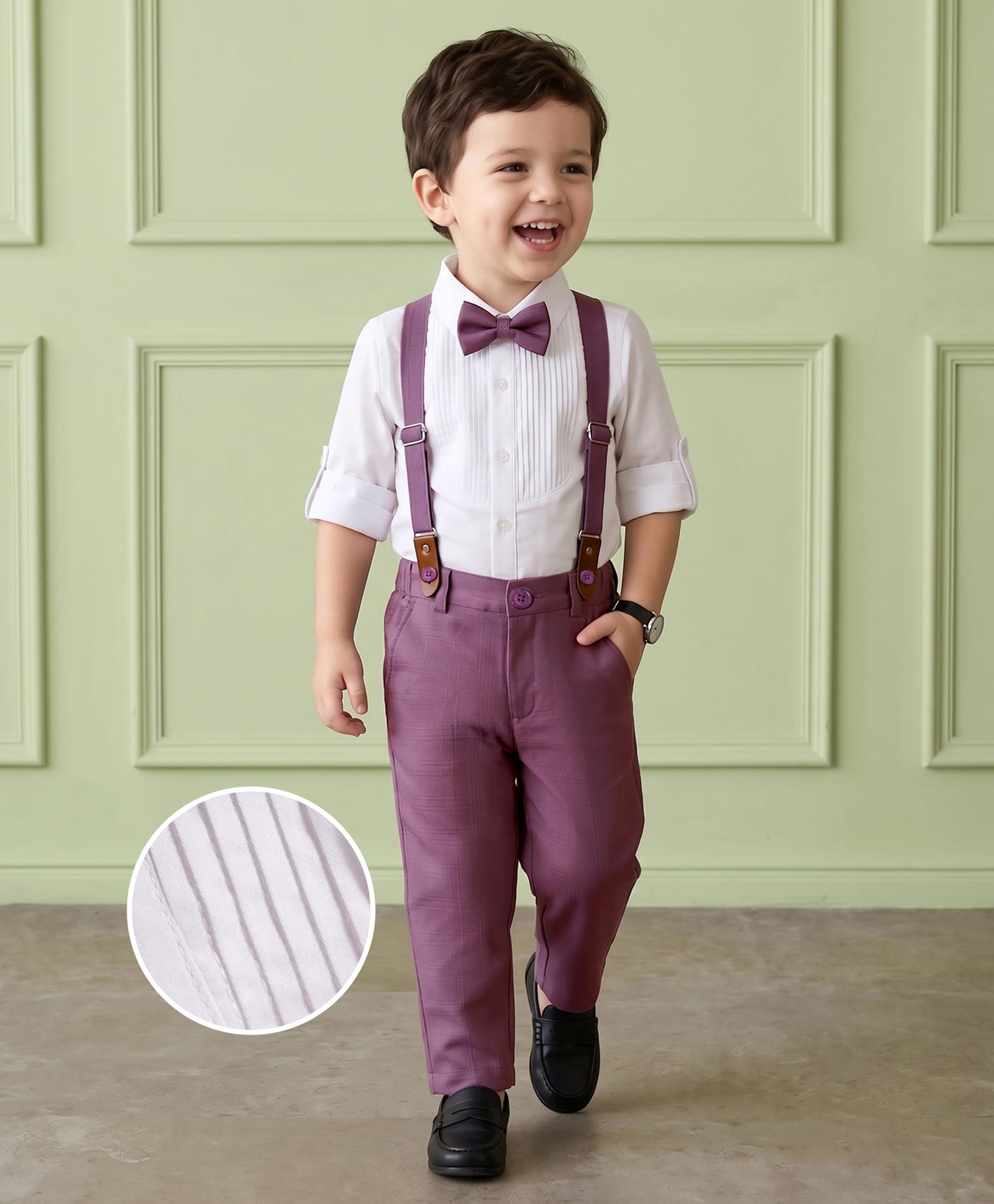Mark & Mia Cotton Lycra Woven Full Sleeve Solid Colour Party Shirt & Trouser Set with Bow Suspender & Pintuck Detailing - Multicolour-picture-25