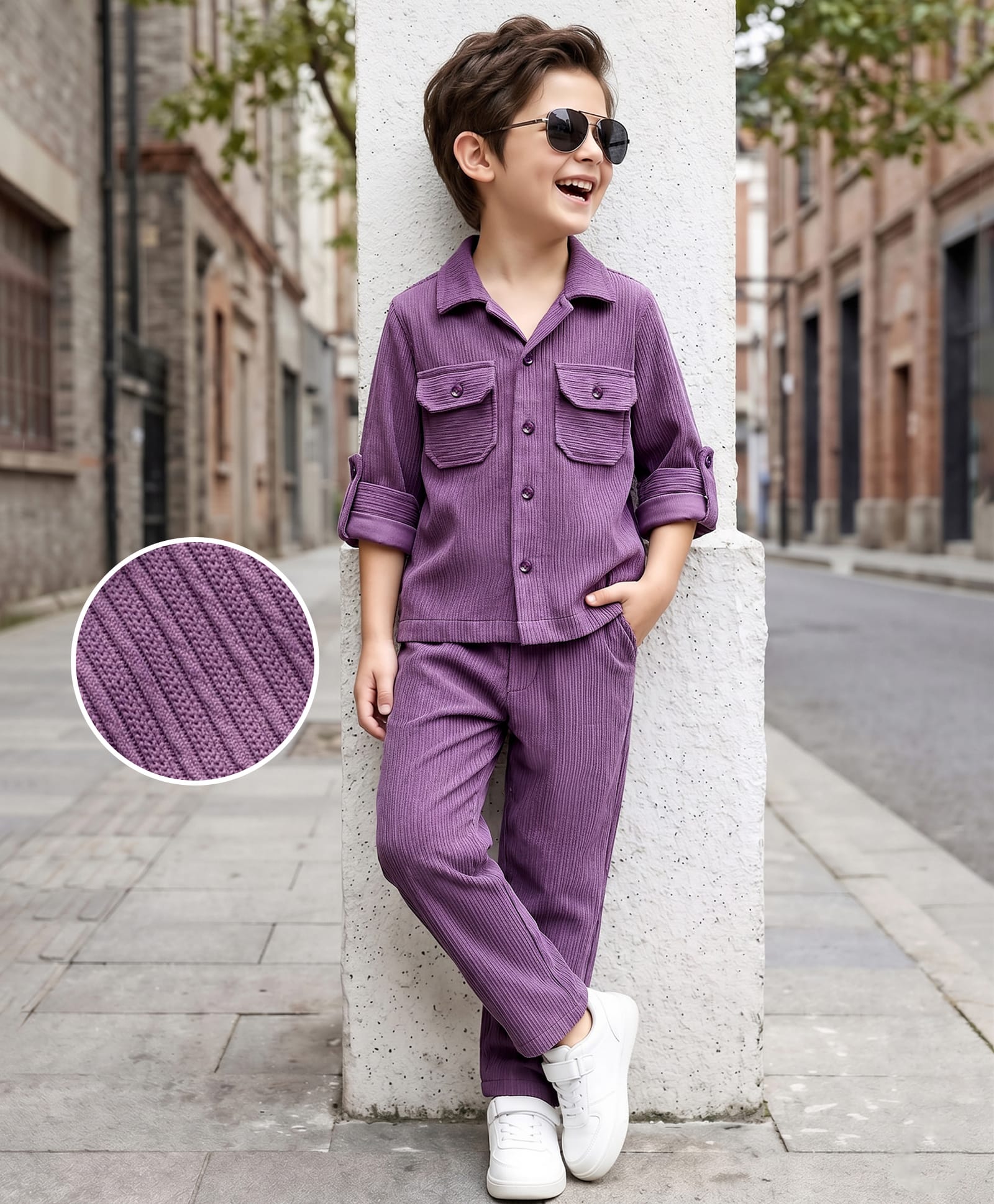 Mark & Mia Cotton Lycra Woven Full Sleeves Solid Shirt & Trouser Set With Pocket Detailing - Purple-picture-20