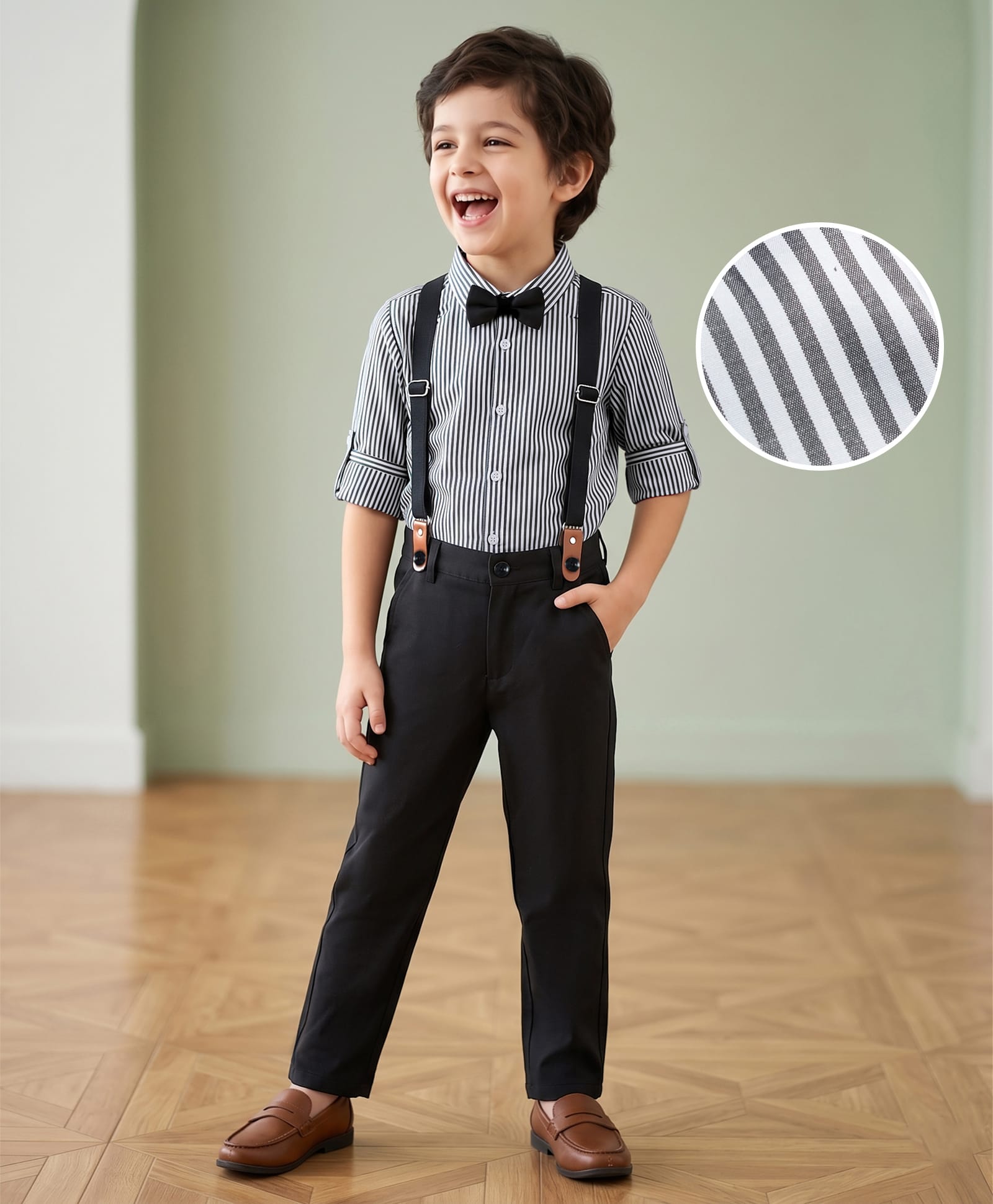Mark & Mia Cotton Lycra Woven Full Sleeves Striped Party Shirt & Trouser Set with Bow & Suspender - Multicolor-picture-32