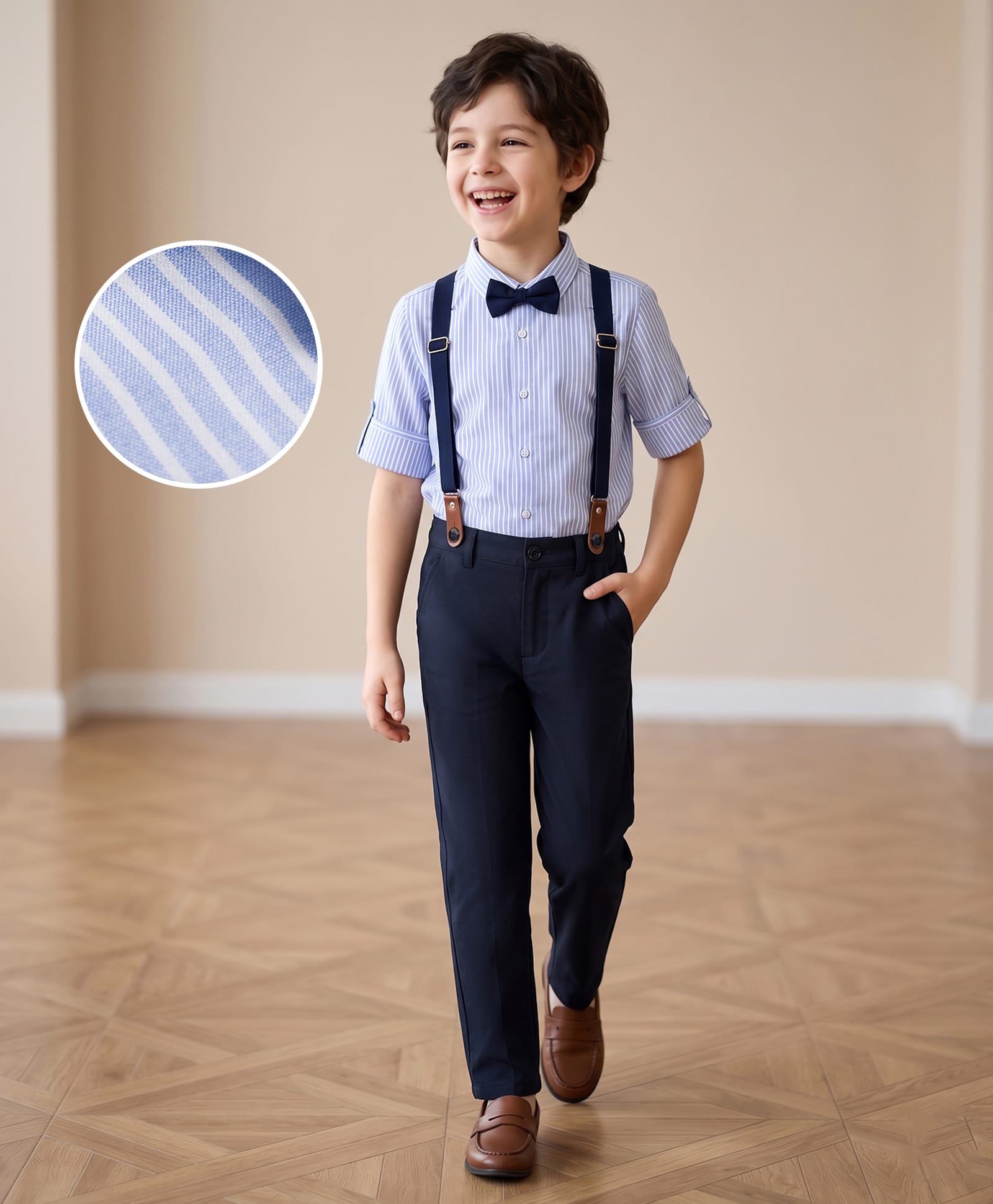 Mark & Mia Cotton Lycra Woven Full Sleeves Striped Party Shirt & Trouser Set with Bow & Suspender - Multicolor-picture-17