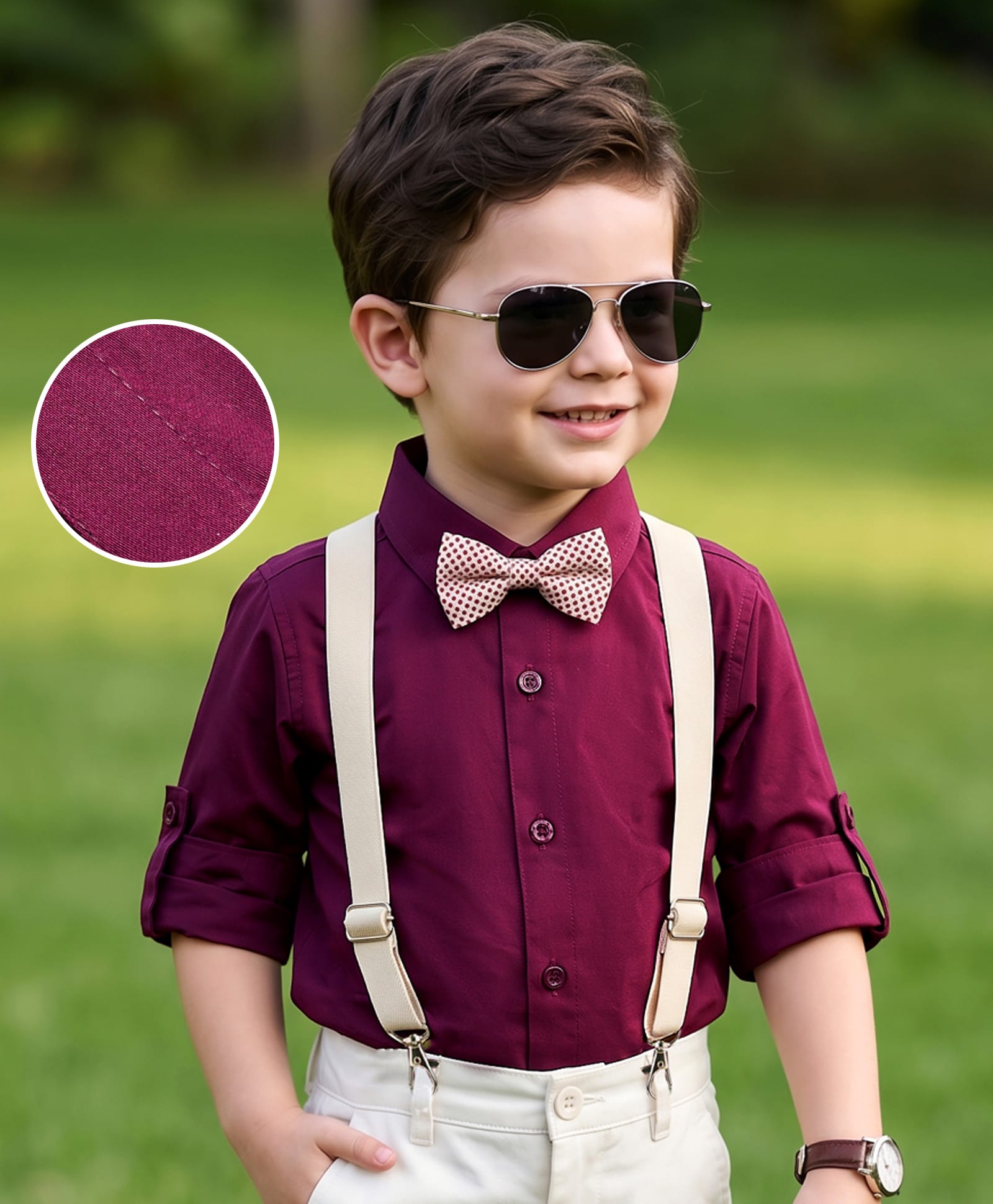 Mark & Mia Woven Full Sleeves Solid Color Party Shirt with Bow & Suspender - Maroon-picture-25