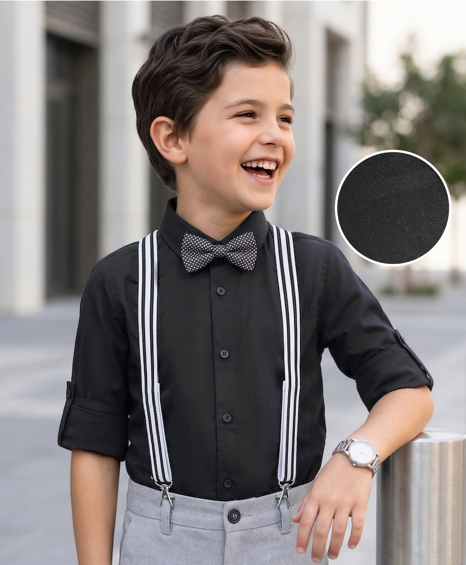 Mark & Mia Cotton Woven Full Sleeves Solid Party Wear Shirt With Bow & Suspender - Black-picture-23