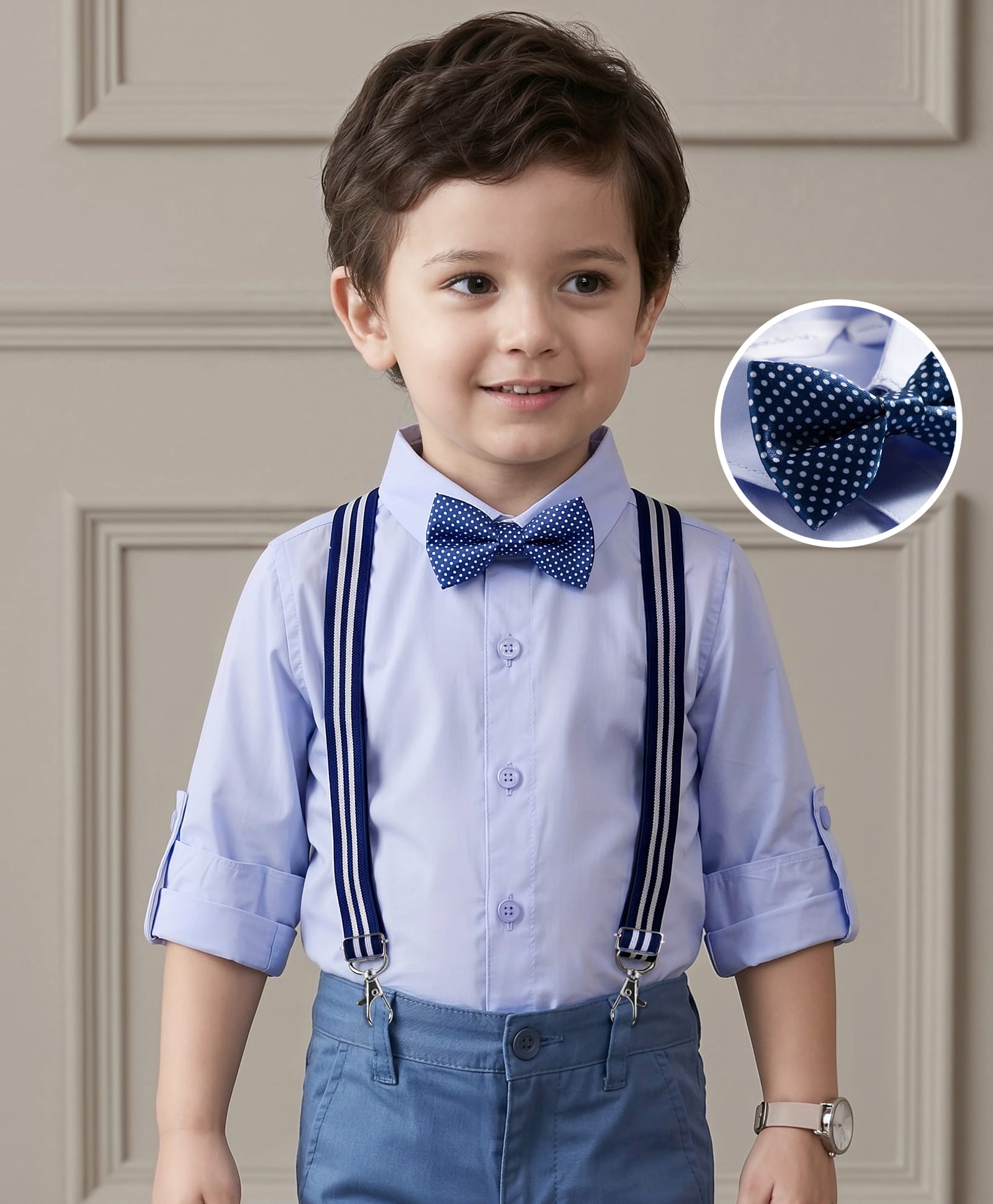 Mark & Mia Full Sleeves Solid Party Shirt With Bow & Suspender - Light Blue-picture-11