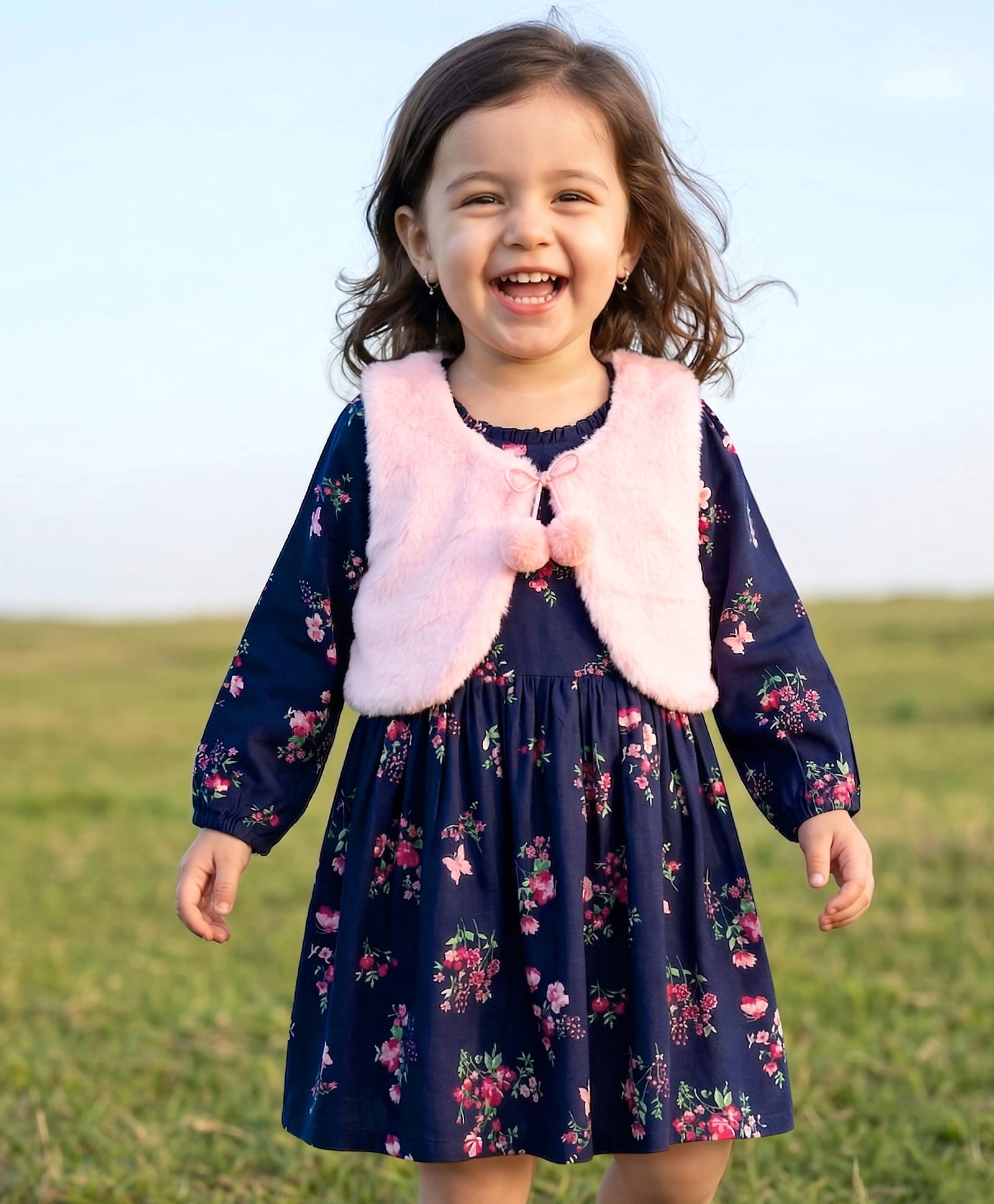 Babyhug Twill Woven Full Sleeves Floral Printed Frock with Jacket - Navy Blue-image-32