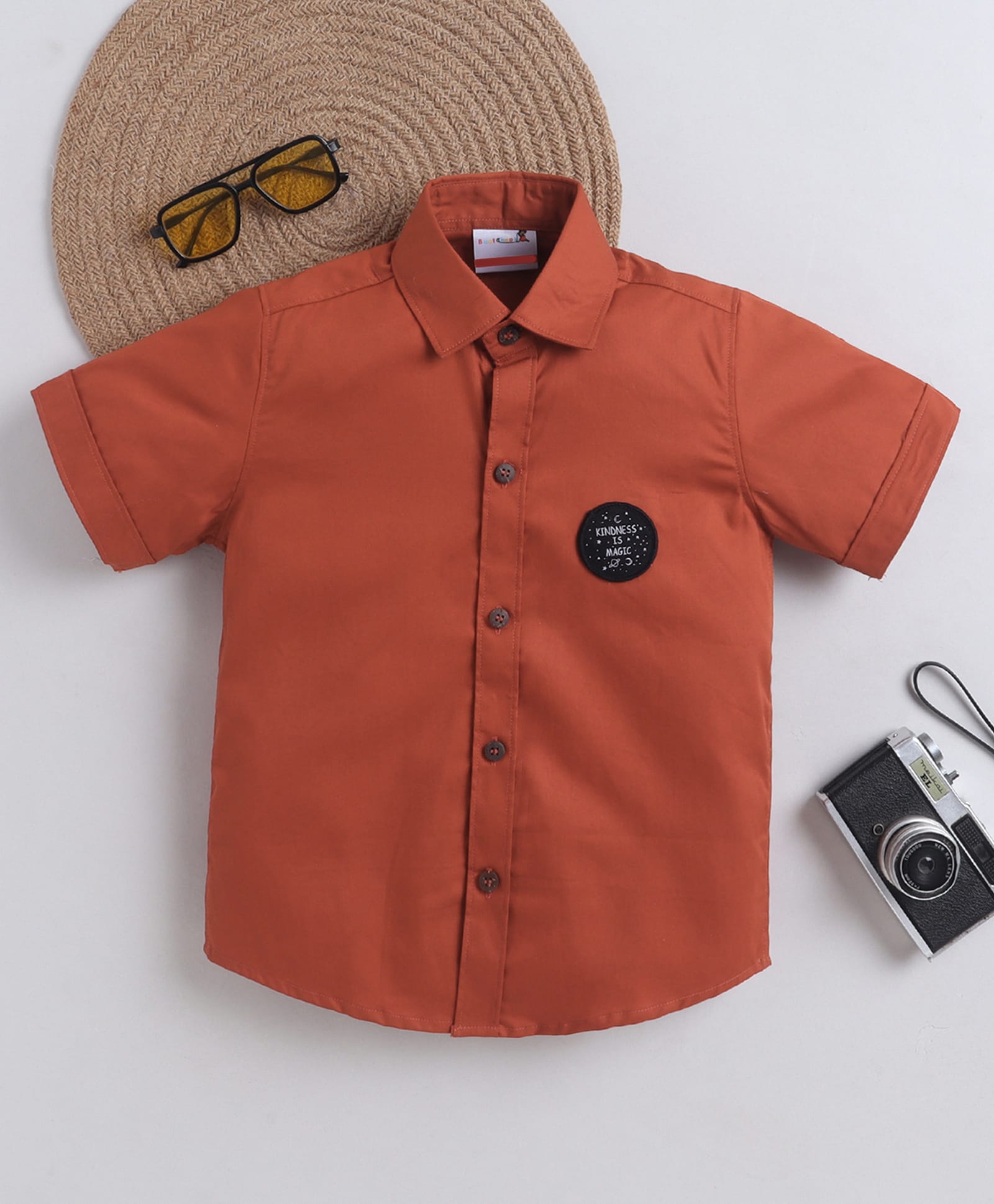 BAATCHEET Cotton Woven Half Sleeves Kindness Is Magic Text Patch Detailed Shirt - Rust-picture-38
