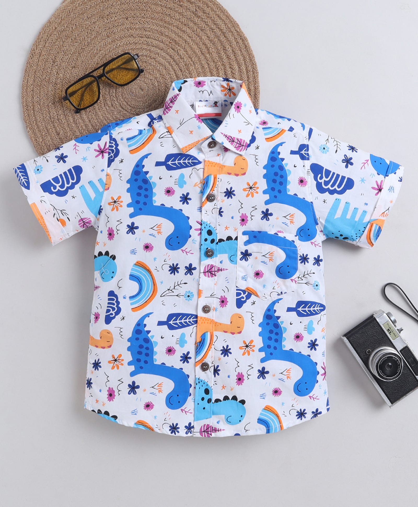 BAATCHEET Cotton Woven Half Sleeves Dinosaurs Printed Shirt - White-picture-28